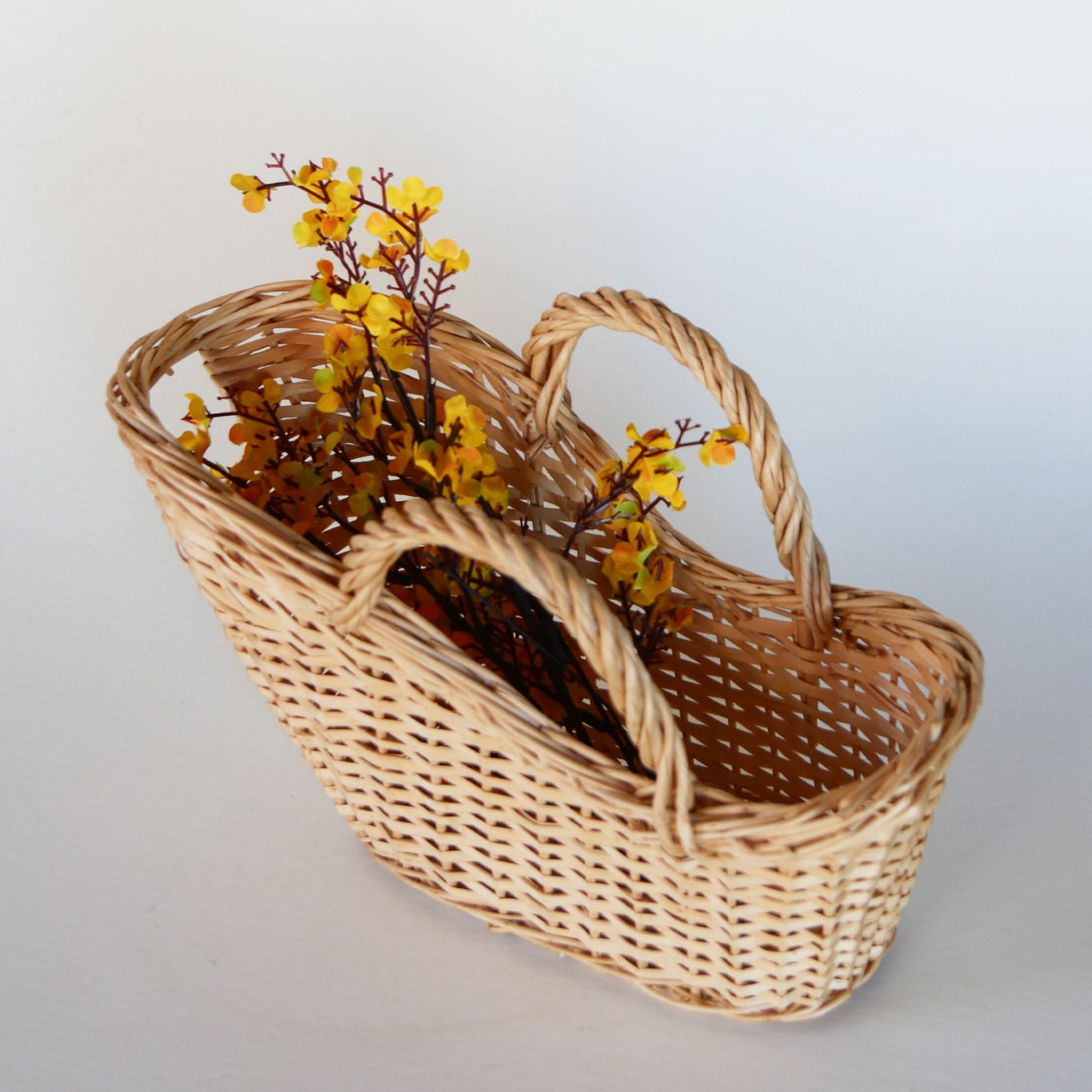 Natural Wicker Gathering Basket, Vintage Bottle Basket, Vintage Handle Basket, Vintage Home Decor
