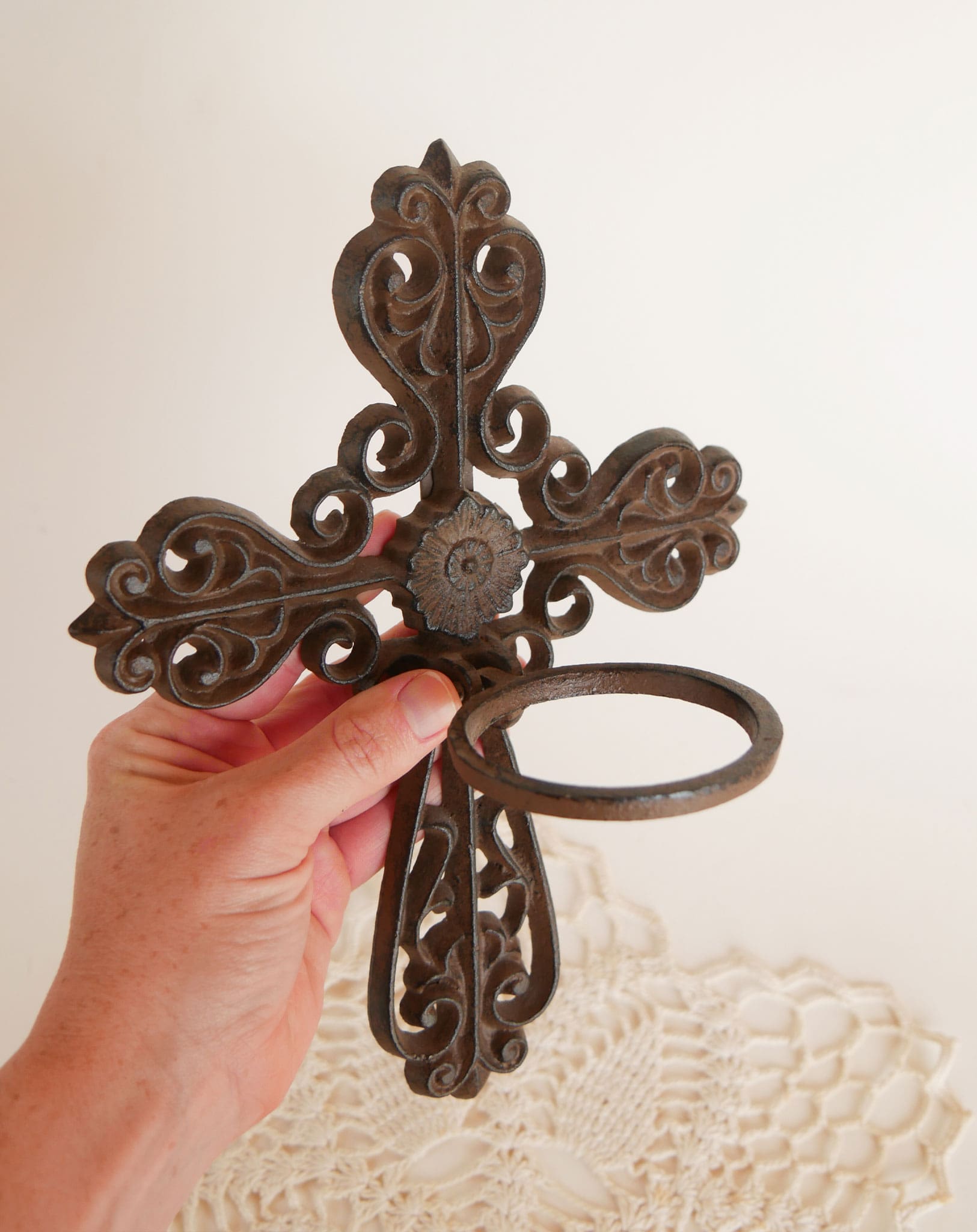 Ornate Cast Iron Cross Wall Sconce, Vintage Cast iron Cross Wall Sconce, Vintage Cross Wall Decor