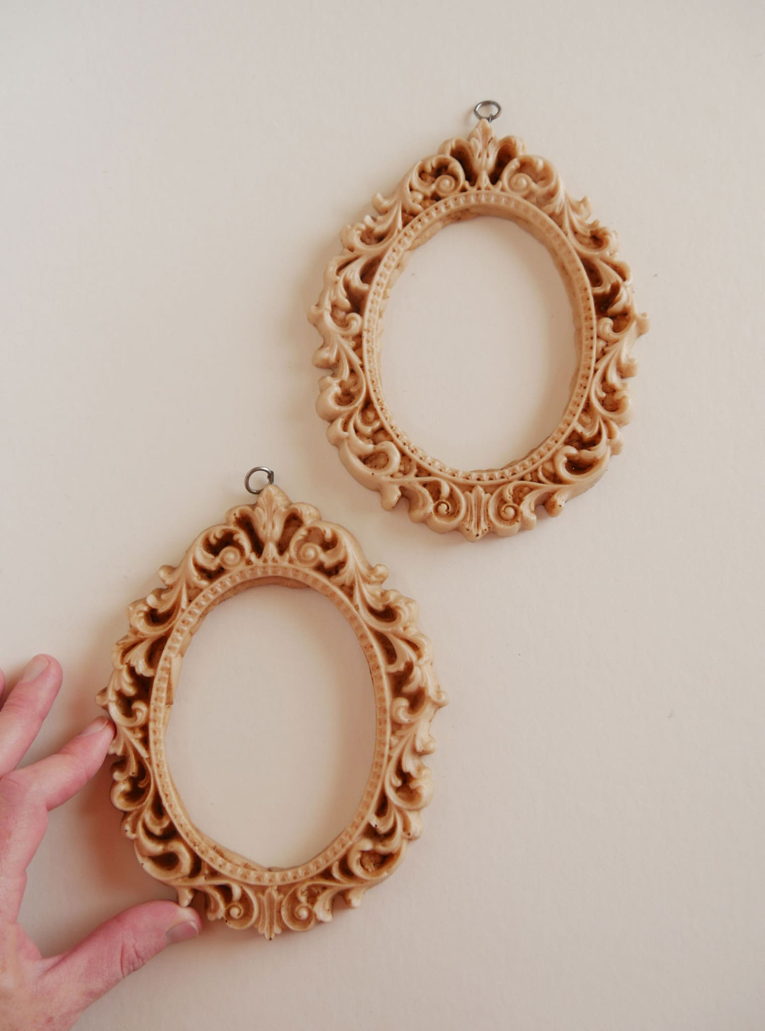 Ornate Oval Carved Frames, Vintage Stone Frames, Vintage Ivory Frames, Pair of Gallery Frames