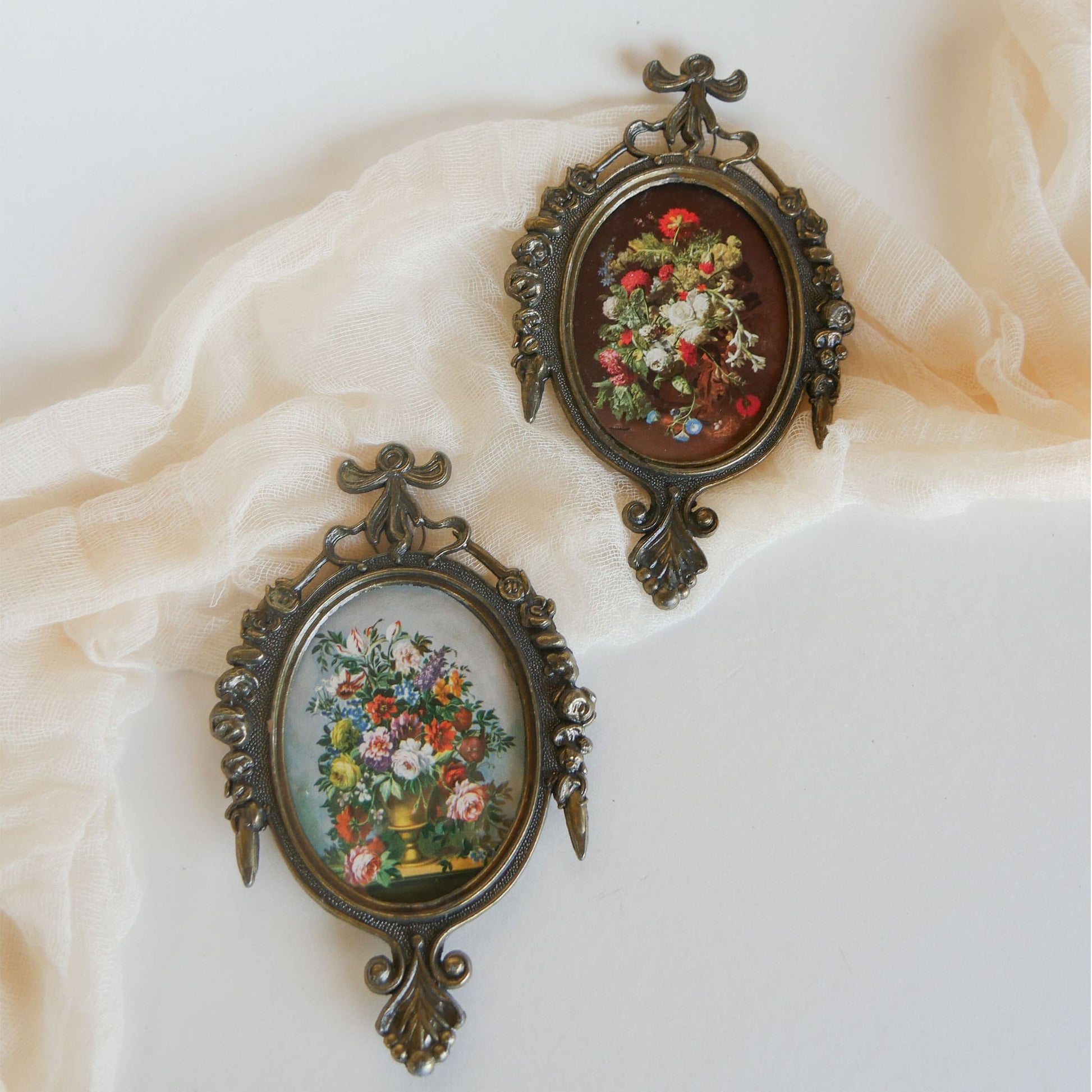 Pair of Vintage Mini Ornate Brass Italian Framed Floral Prints Vintage Brass Framed Floral prints Vintage FLoral Prints