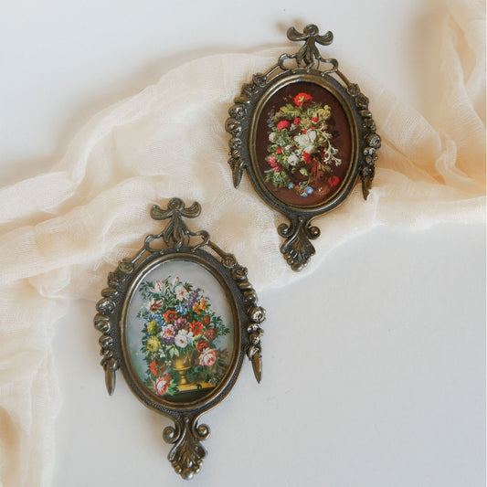 Pair of Vintage Mini Ornate Brass Italian Framed Floral Prints Vintage Brass Framed Floral prints Vintage FLoral Prints