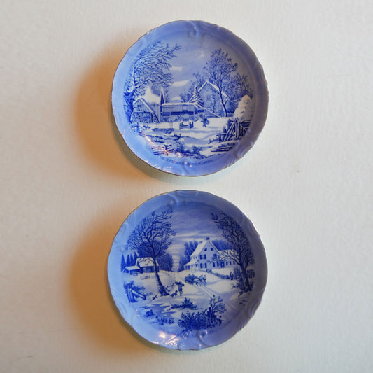 Pair of Vintage Currier & Ives Plates, Winter Scene, Blue and White Plates, Vintage Blue White Plate Decor, Vintage Winter Plate Decor, Vintage Currier and Ives Winter Scene DEcor