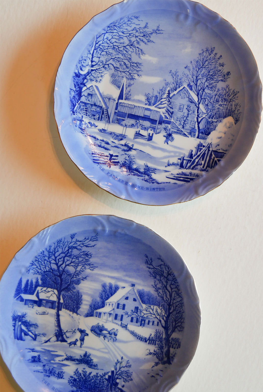 Pair of Vintage Currier & Ives Plates, Winter Scene, Blue and White Plates, Vintage Blue White Plate Decor, Vintage Winter Plate Decor, Vintage Currier and Ives Winter Scene DEcor