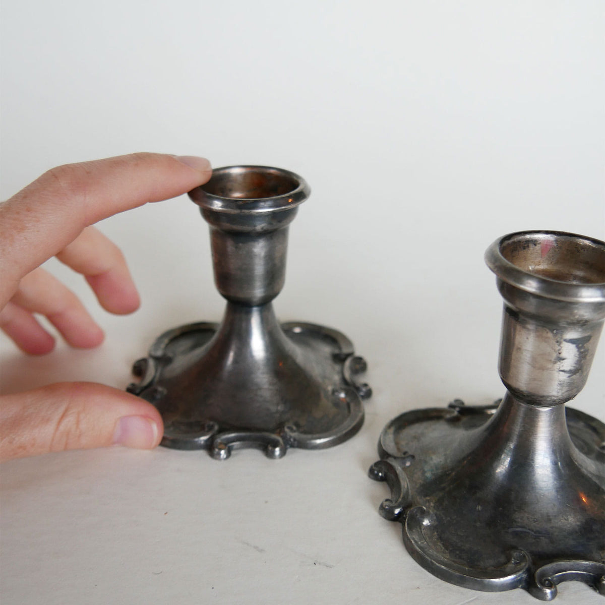 Pair Vintage Silver Plated Candleholders, Vintage Candleholders, Vintage Silver Candlestick Holders, Vintage Pewter Candlestick Holders, Vintage Old Work Candleholders