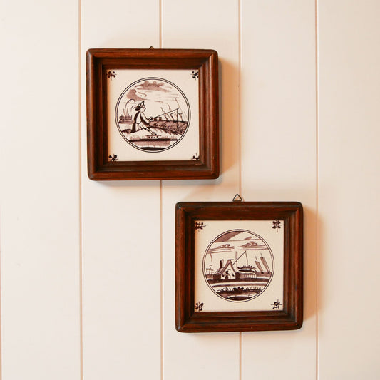 Pair-Wood-Framed-Vintage-Delft-Tiles-Holland-Tiles, Vintage Delft Wall Decor, Vintage Brown Delft Tiles, Vintage Wall Decor, Vintage Cottagecore Wall Decor
