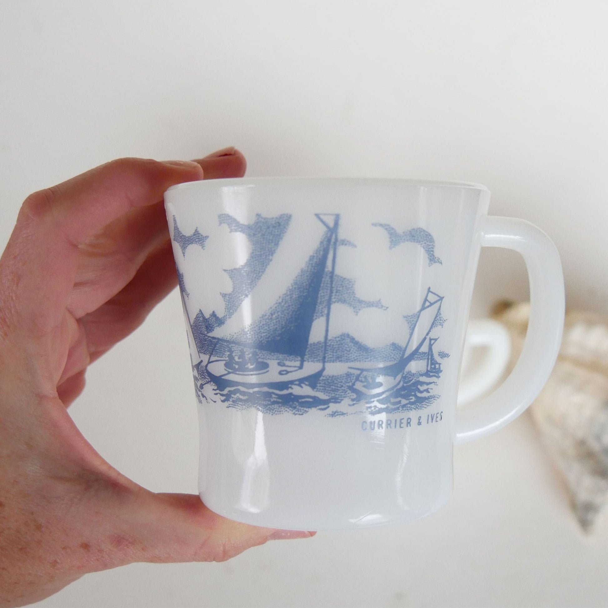 Pair of Vintage Glasbake Currier and Ives Sailboat Coffee Mugs, Vintage Currier and Ives Ship Mugs, Vintage Nautical Kitchen Decor, Vintage Nautical Decor