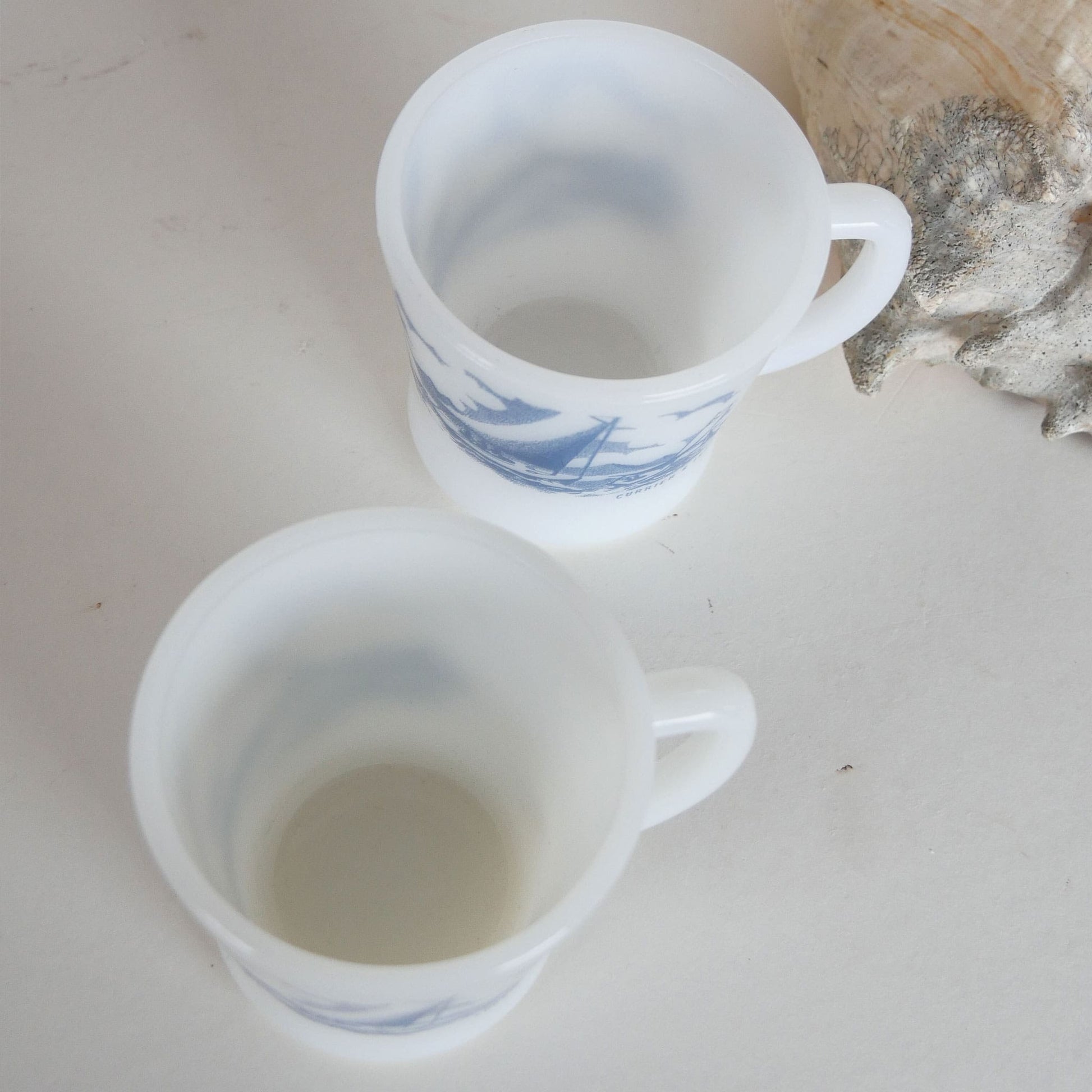 Pair of Vintage Glasbake Currier and Ives Sailboat Coffee Mugs, Vintage Currier and Ives Ship Mugs, Vintage Nautical Kitchen Decor, Vintage Nautical Decor