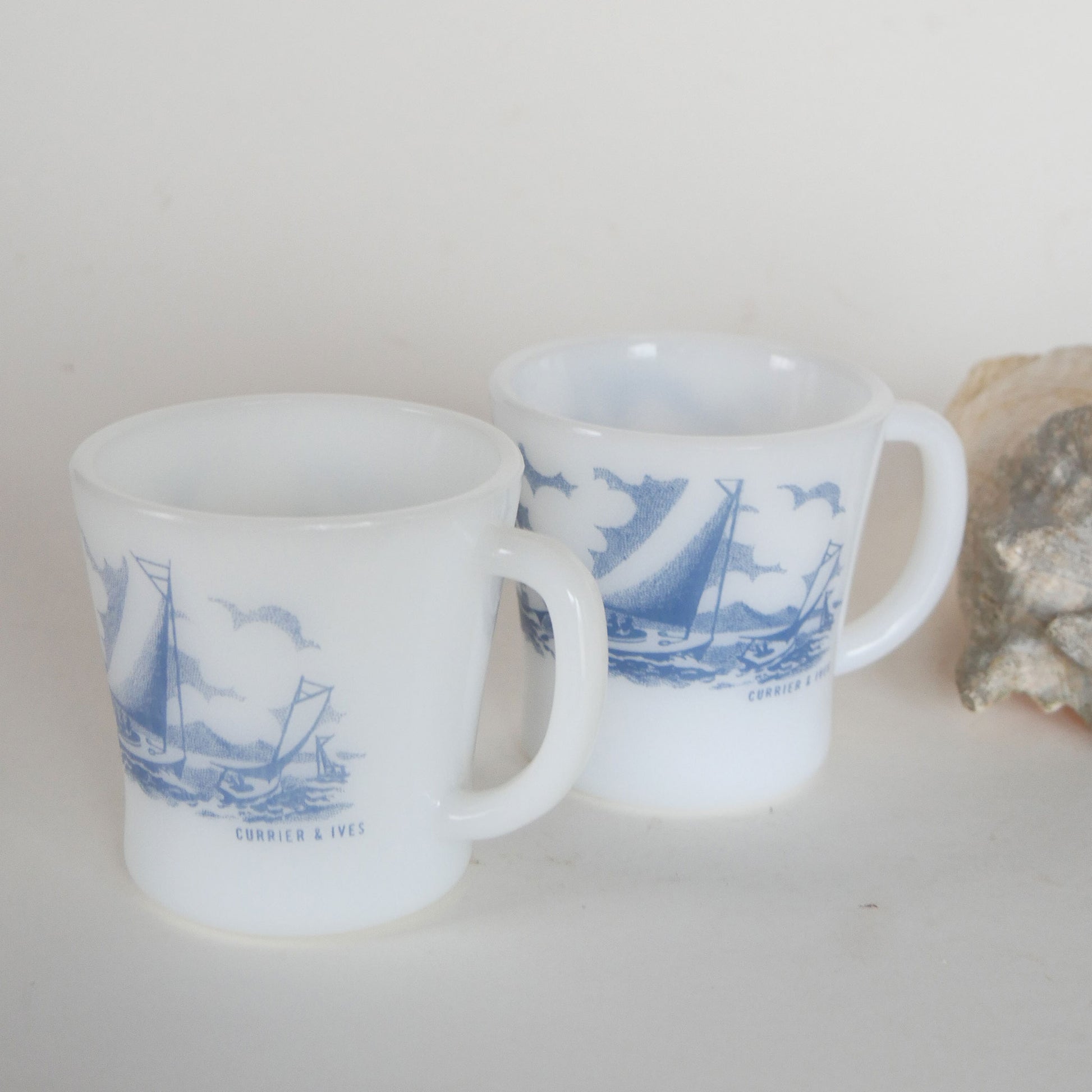 Pair of Vintage Glasbake Currier and Ives Sailboat Coffee Mugs, Vintage Currier and Ives Ship Mugs, Vintage Nautical Kitchen Decor, Vintage Nautical Decor