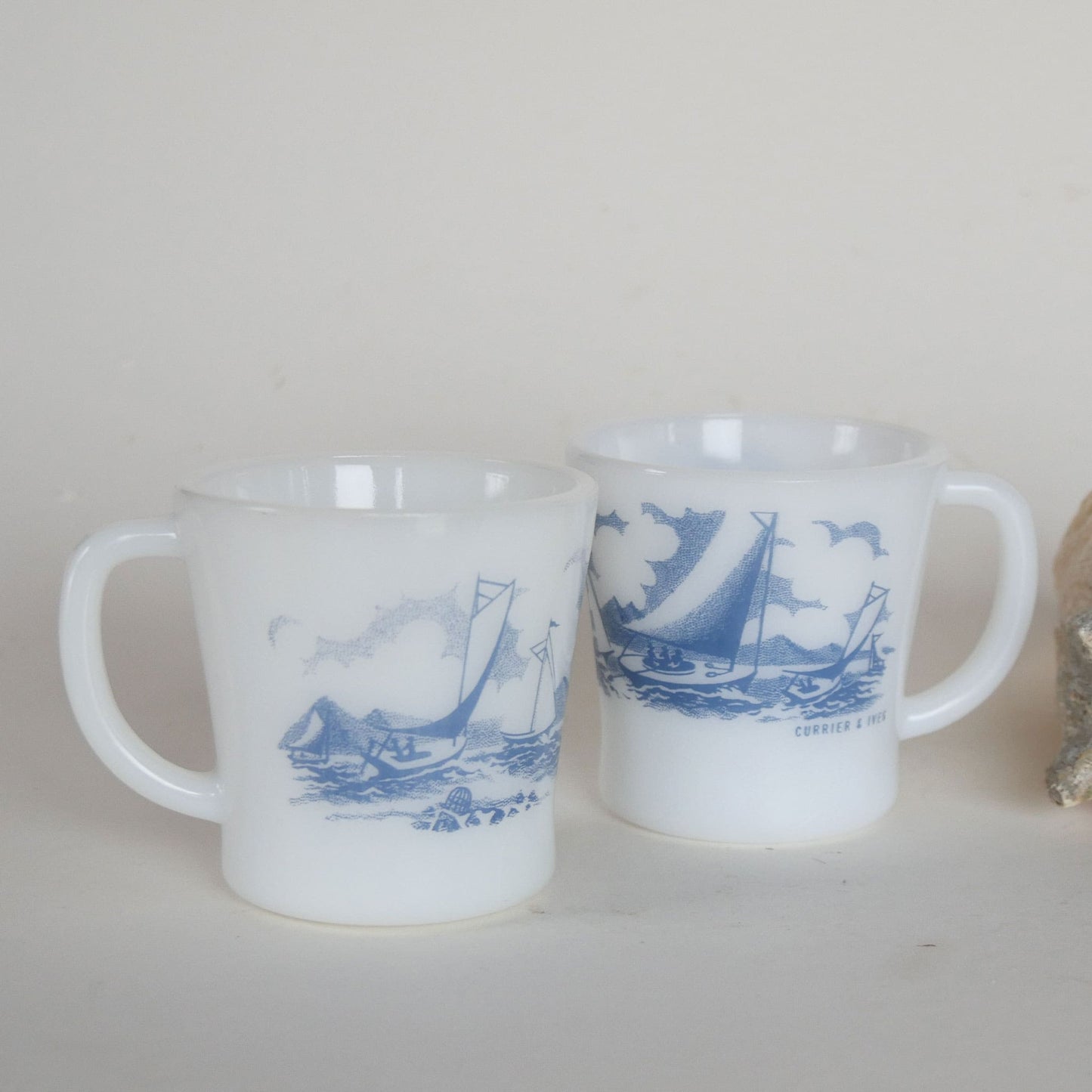 Pair of Vintage Glasbake Currier and Ives Sailboat Coffee Mugs, Vintage Currier and Ives Ship Mugs, Vintage Nautical Kitchen Decor, Vintage Nautical Decor