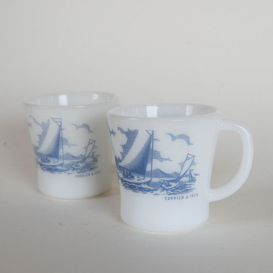 Pair of Vintage Glasbake Currier and Ives Sailboat Coffee Mugs, Vintage Currier and Ives Ship Mugs, Vintage Nautical Kitchen Decor, Vintage Nautical Decor