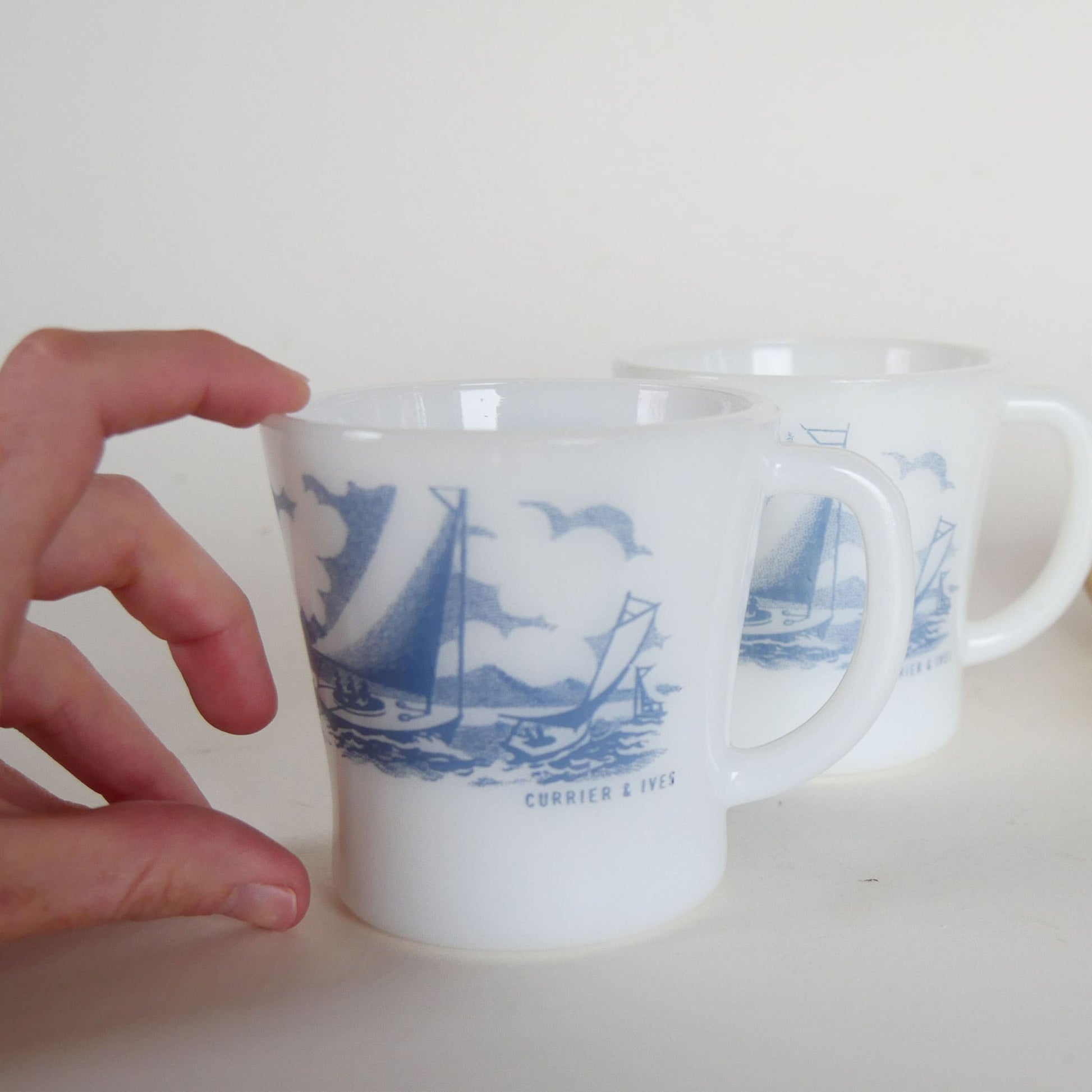 Pair of Vintage Glasbake Currier and Ives Sailboat Coffee Mugs, Vintage Currier and Ives Ship Mugs, Vintage Nautical Kitchen Decor, Vintage Nautical Decor