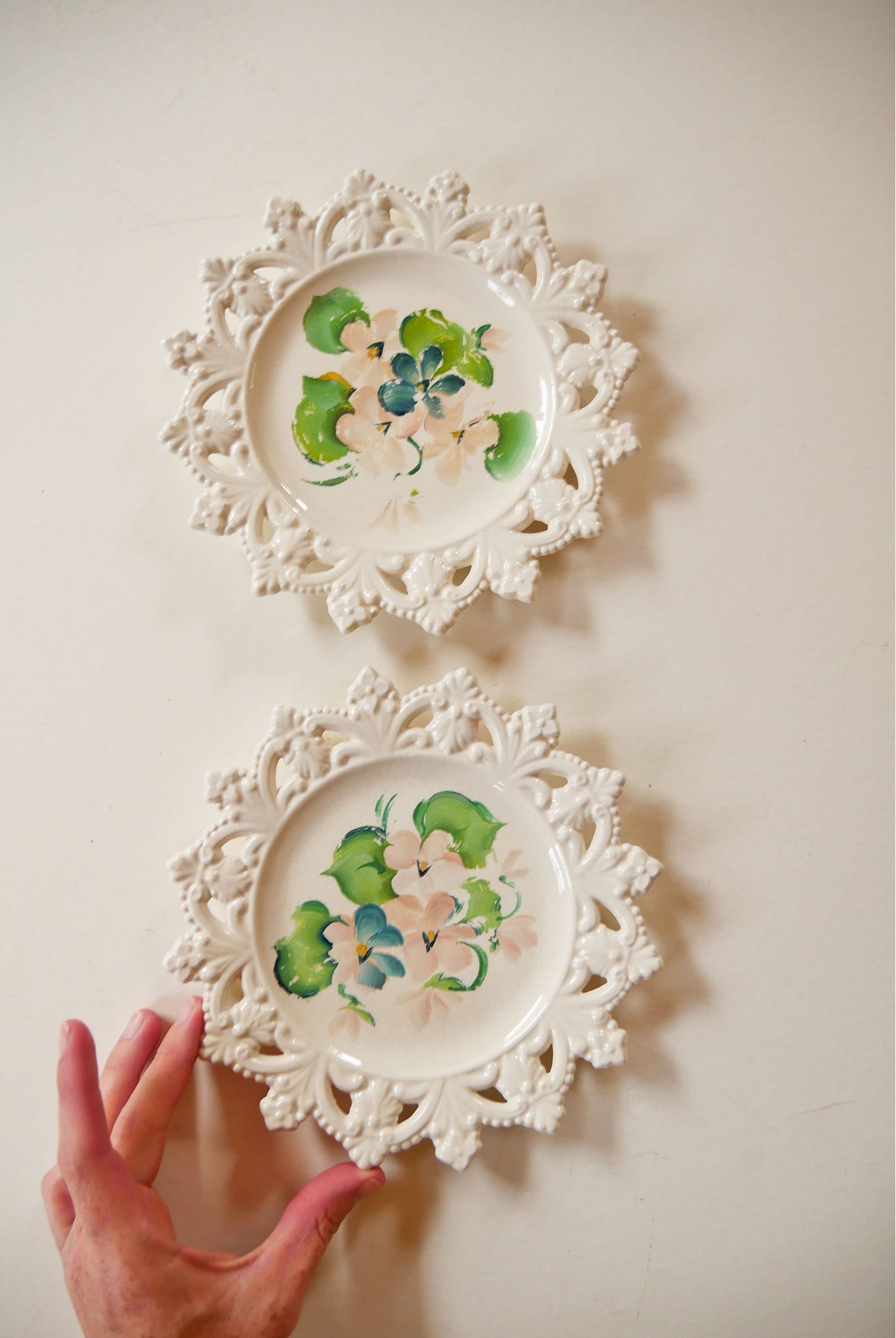 Pair of Vintage Lattice Edge Hand-Painted Floral Plates, Vintage Floral Plate WAll, Vintage Cottagecore Plate Wall, Vintage Cottage Plate Wall, Vintage Decorative Floral Plates, Vintage Lace Edge Plates