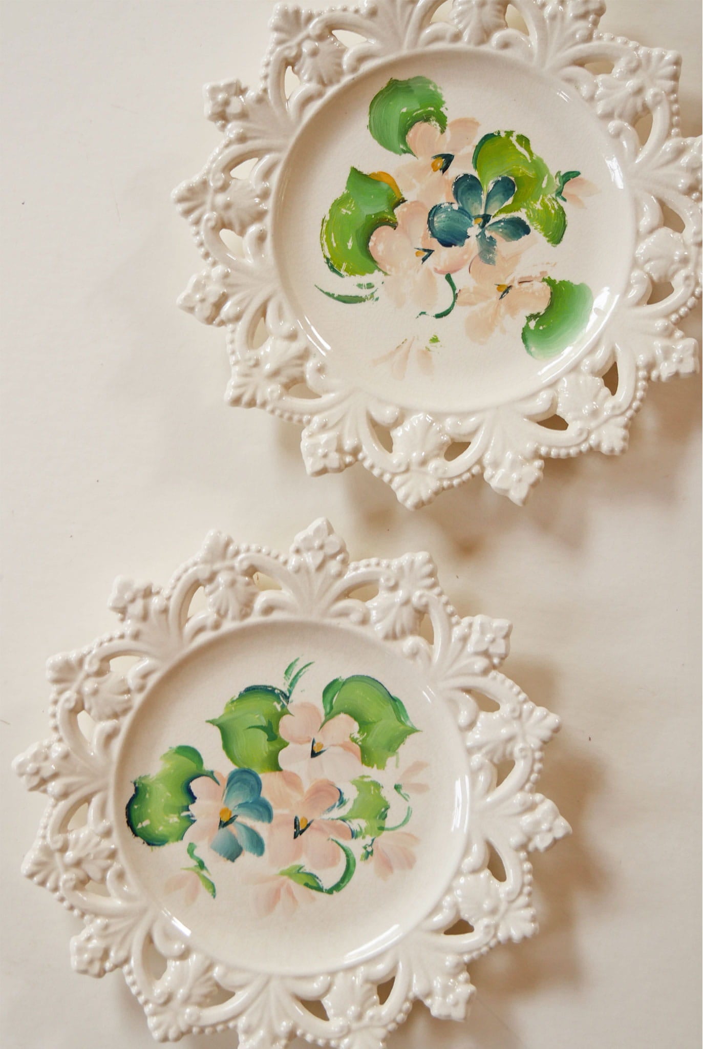 Pair of Vintage Lattice Edge Hand-Painted Floral Plates, Vintage Floral Plate WAll, Vintage Cottagecore Plate Wall, Vintage Cottage Plate Wall, Vintage Decorative Floral Plates, Vintage Lace Edge Plates