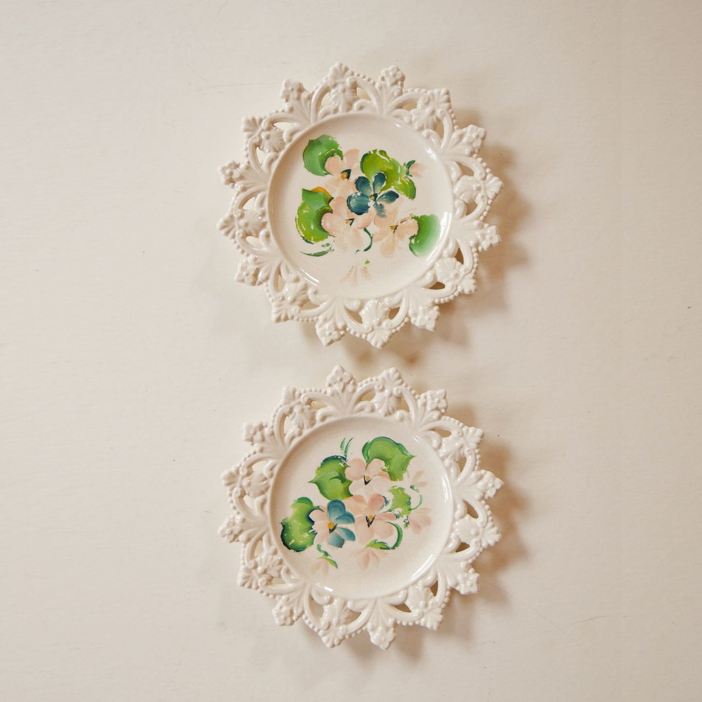 Pair of Vintage Lattice Edge Hand-Painted Floral Plates, Vintage Floral Plate WAll, Vintage Cottagecore Plate Wall, Vintage Cottage Plate Wall, Vintage Decorative Floral Plates, Vintage Lace Edge Plates