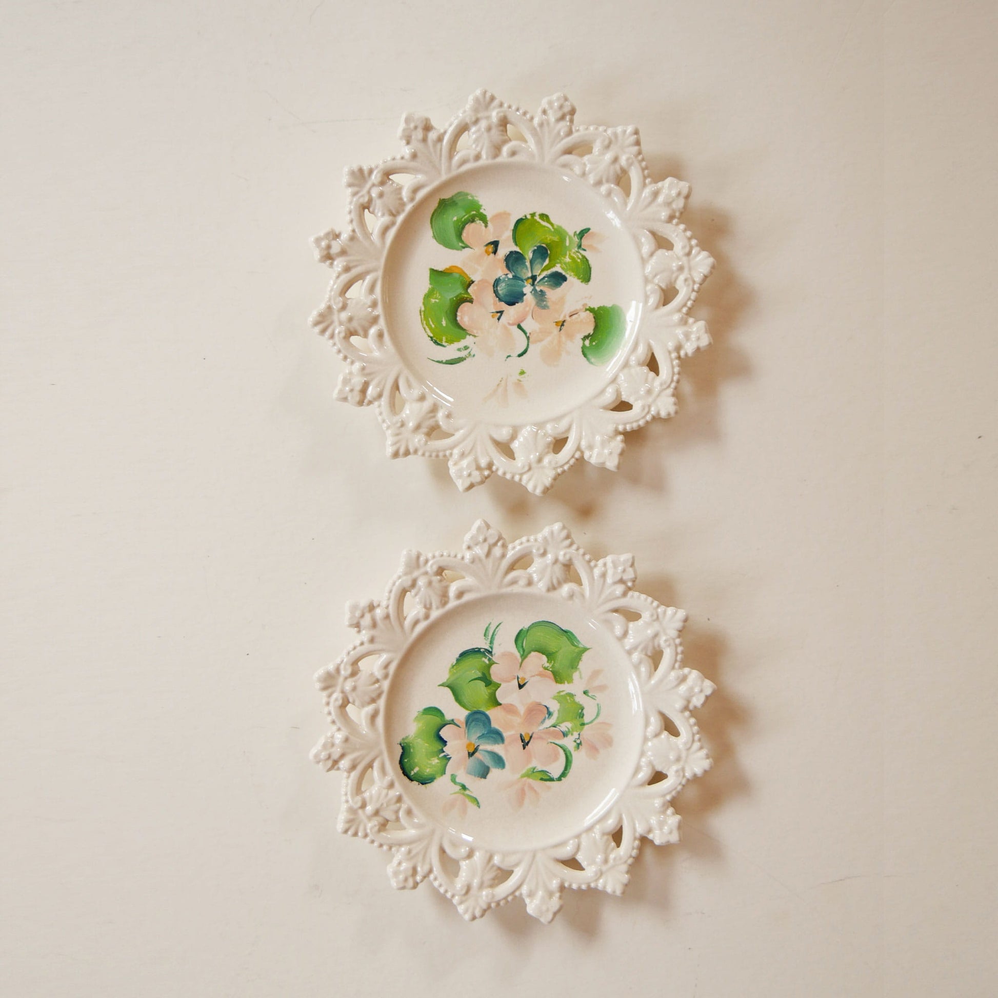 Pair of Vintage Lattice Edge Hand-Painted Floral Plates, Vintage Floral Plate WAll, Vintage Cottagecore Plate Wall, Vintage Cottage Plate Wall, Vintage Decorative Floral Plates, Vintage Lace Edge Plates