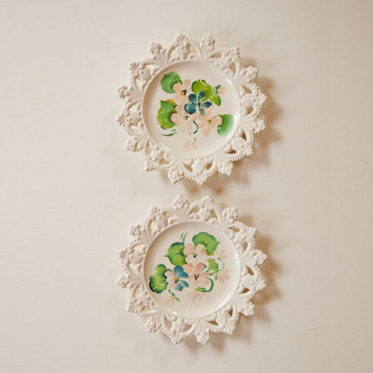 Pair of Vintage Lattice Edge Hand-Painted Floral Plates, Vintage Floral Plate WAll, Vintage Cottagecore Plate Wall, Vintage Cottage Plate Wall, Vintage Decorative Floral Plates, Vintage Lace Edge Plates