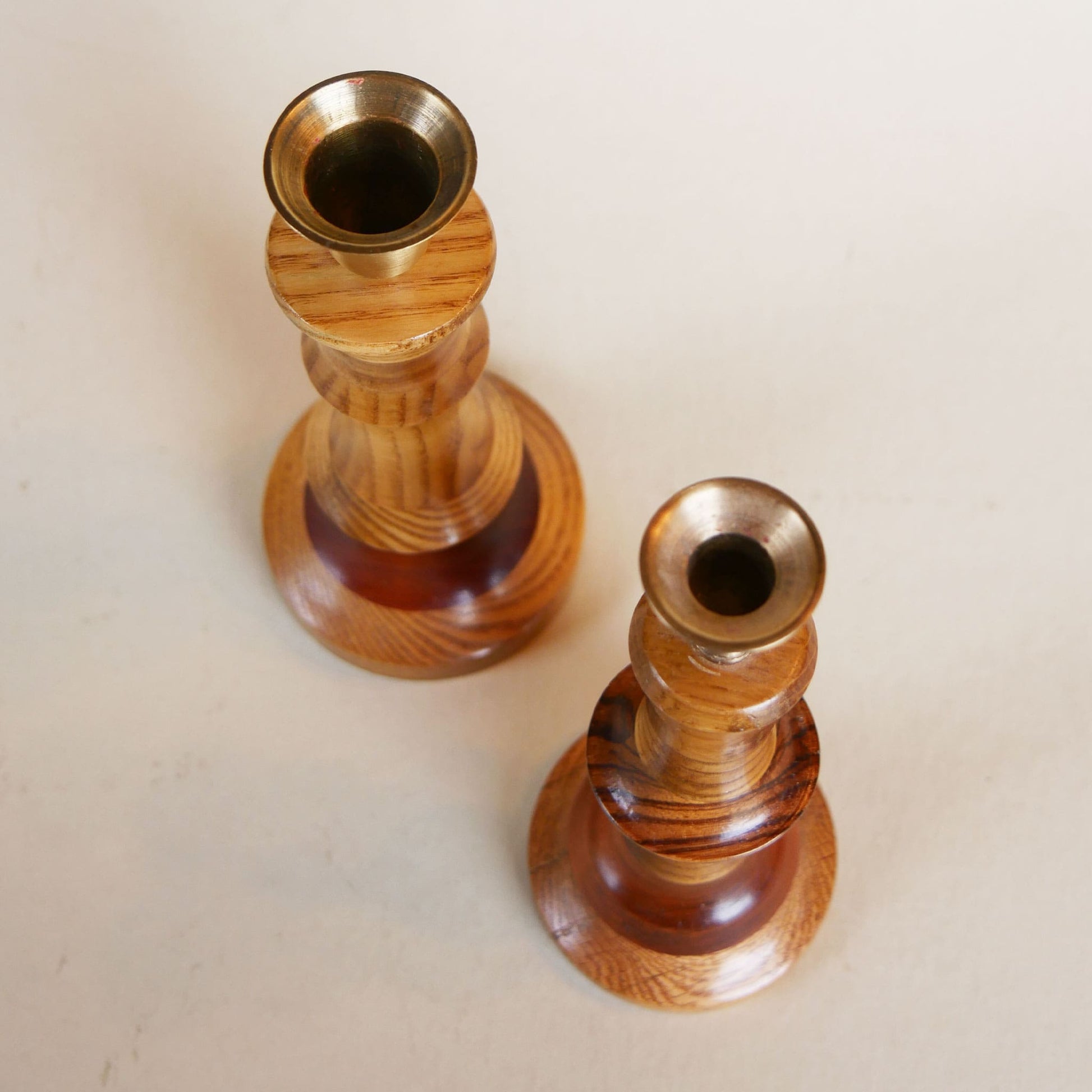 Pair of Two-Tone Wooden Tapered Candlestick Holders, MCM Wood Candle Holders, Vinitage Wood Tapered Candlestick Holders