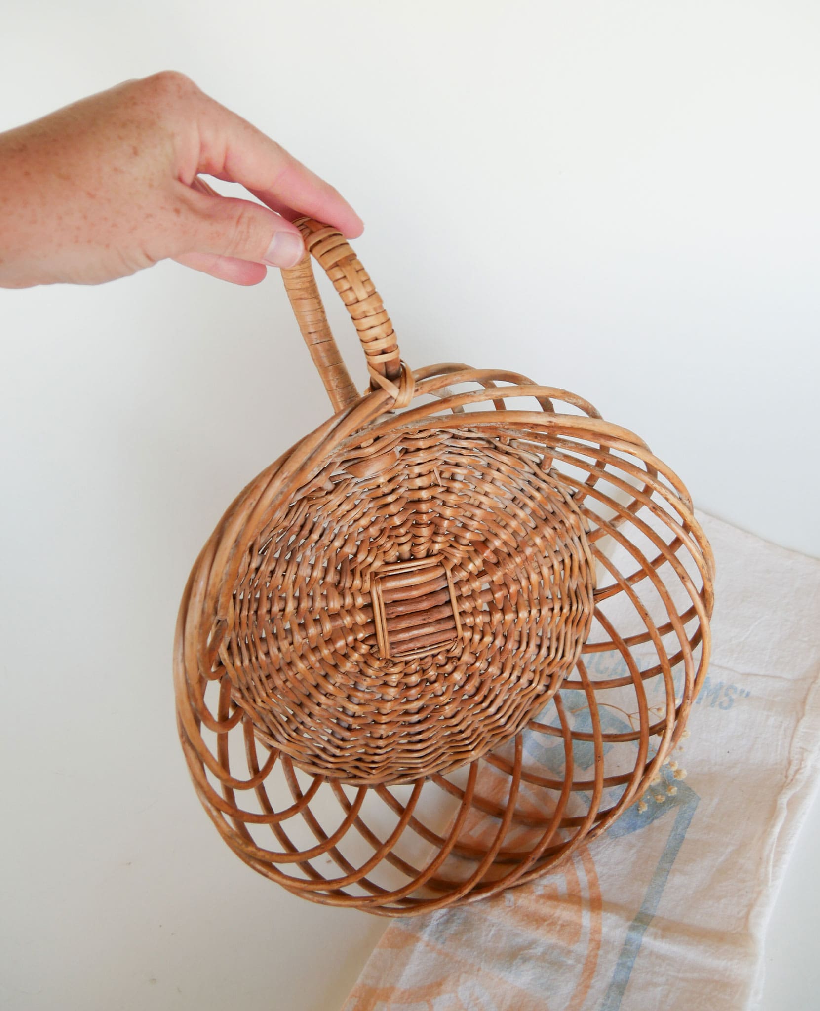 Vintage Rattan Wicker Basket with Loop Handle Vintage Farmhouse Basket