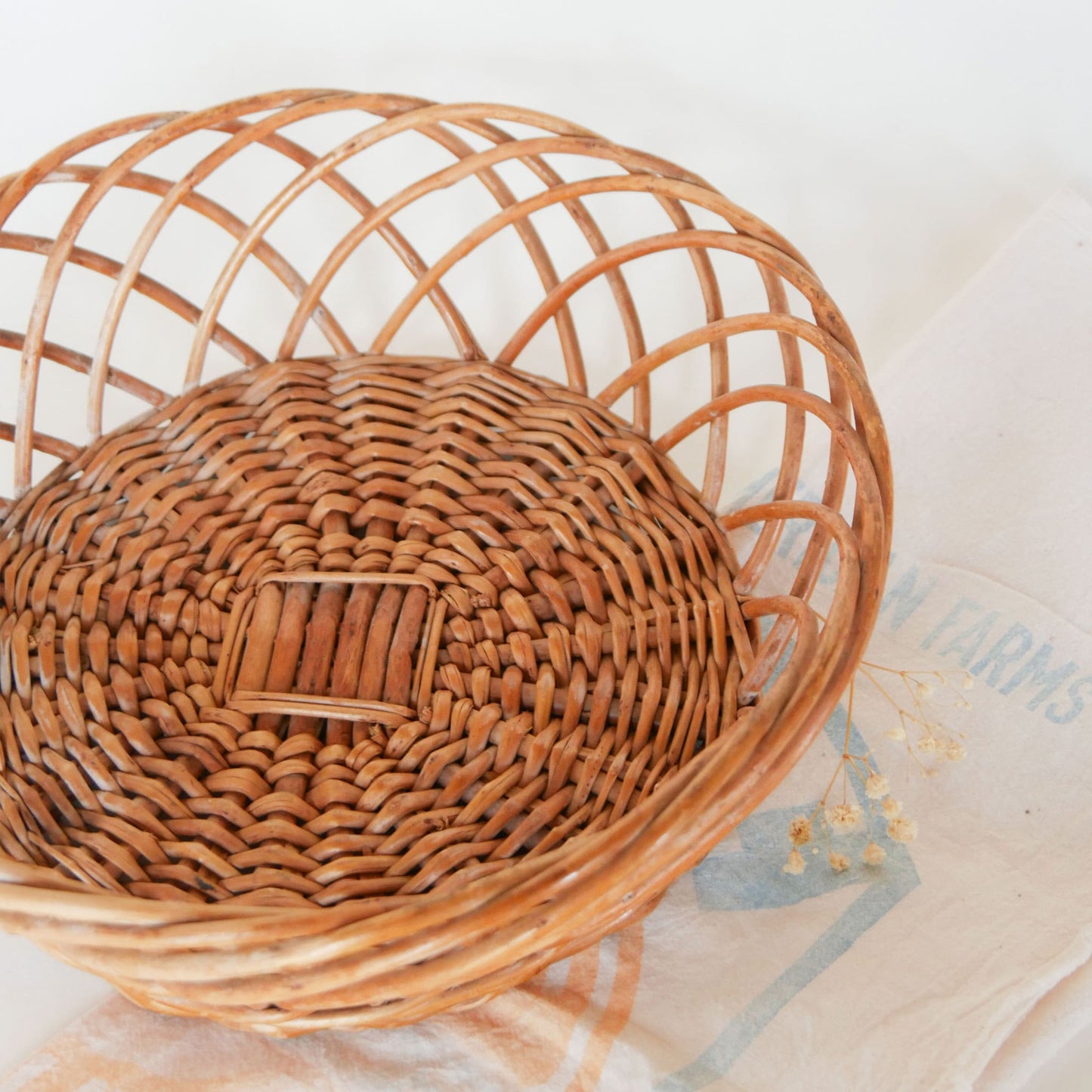 Vintage Rattan Wicker Basket with Loop Handle Vintage Farmhouse Basket