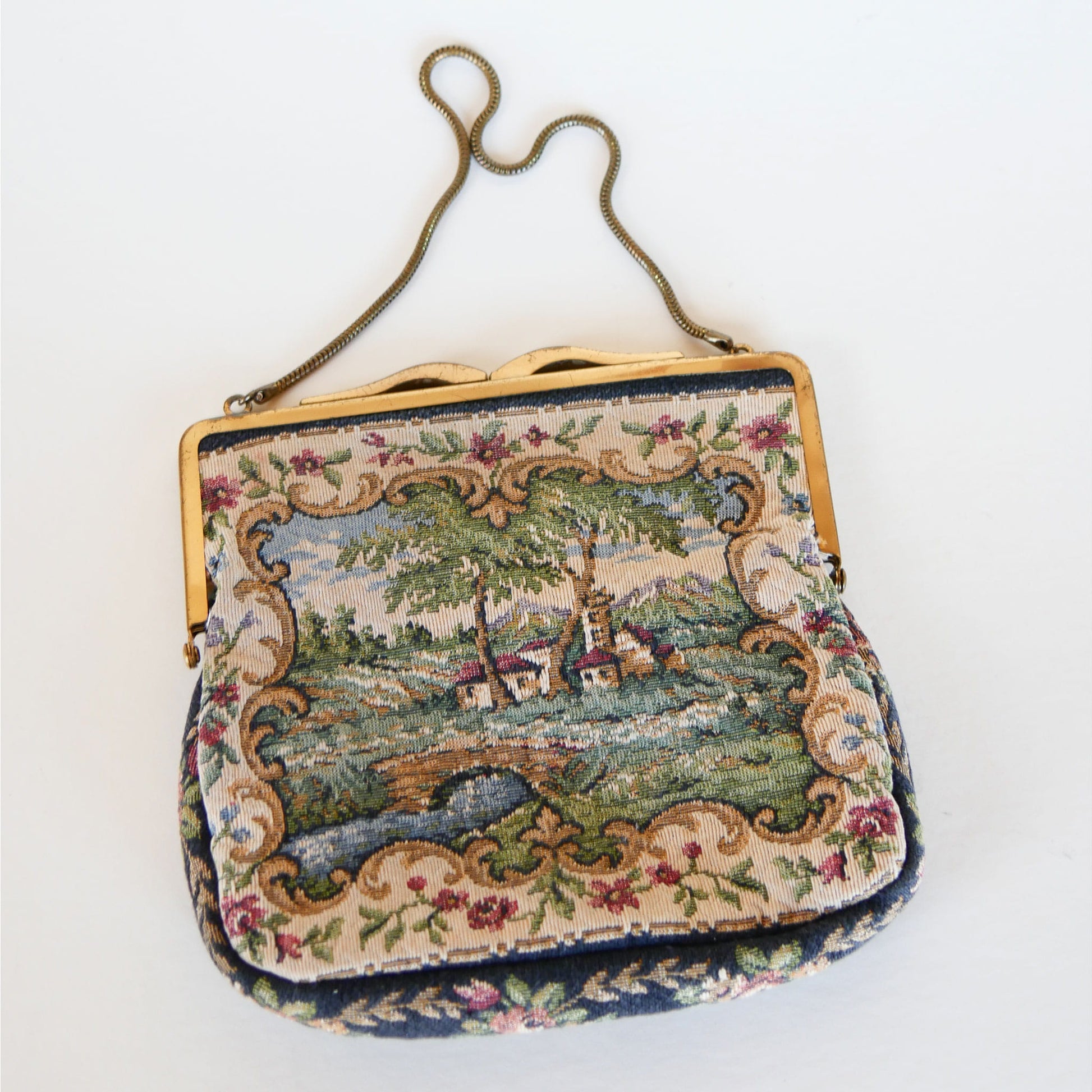Scenic Cottage House and Bridge Tapestry Purse Handbag, Vintage Handbag, Vintage Tapestry Handbag, Tapestry Clutch, Vintage Decor, Vintage Home Decor