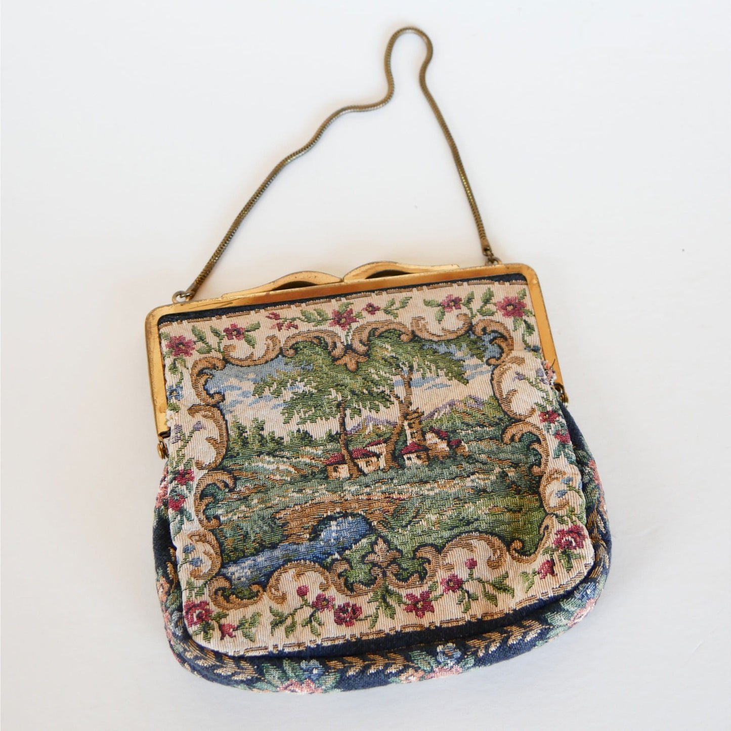 Scenic Cottage House and Bridge Tapestry Purse Handbag, Vintage Handbag, Vintage Tapestry Handbag, Tapestry Clutch, Vintage Decor, Vintage Home Decor