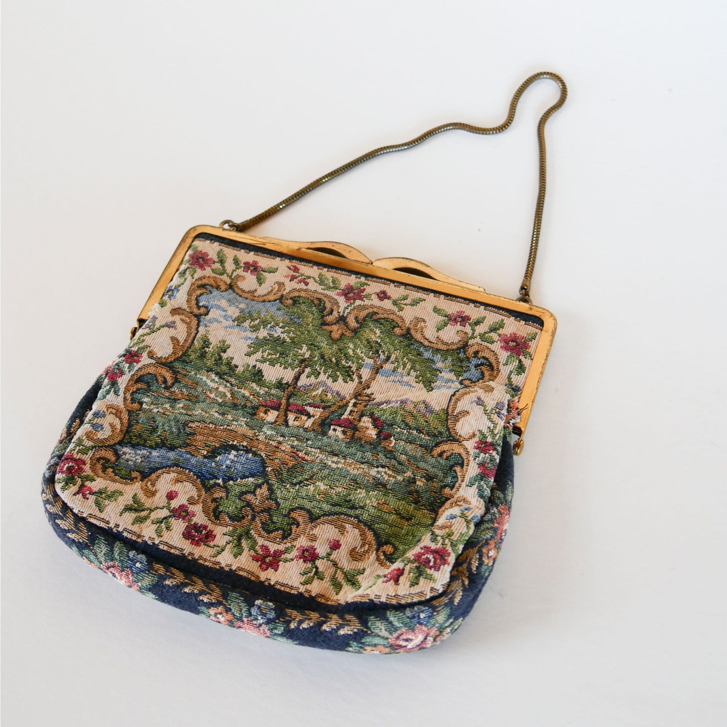 Scenic Cottage House and Bridge Tapestry Purse Handbag, Vintage Handbag, Vintage Tapestry Handbag, Tapestry Clutch, Vintage Decor, Vintage Home Decor