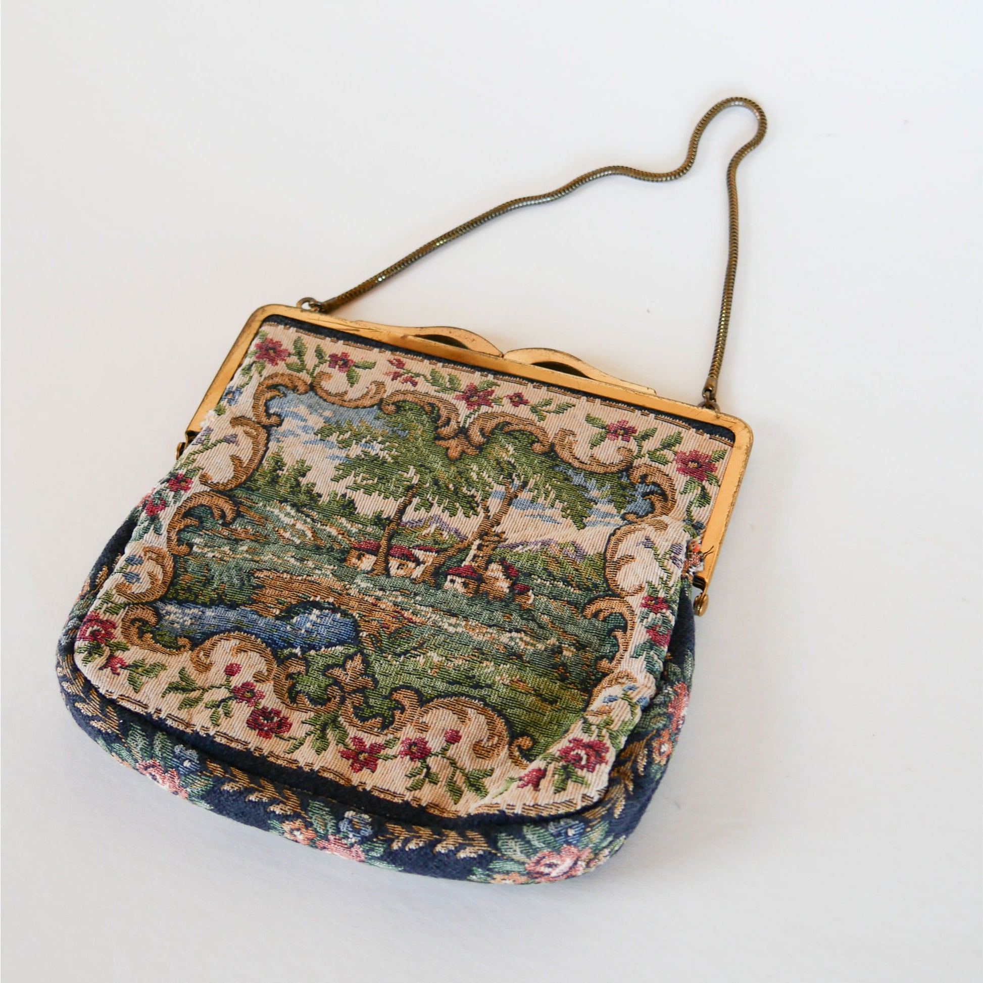Scenic Cottage House and Bridge Tapestry Purse Handbag, Vintage Handbag, Vintage Tapestry Handbag, Tapestry Clutch, Vintage Decor, Vintage Home Decor