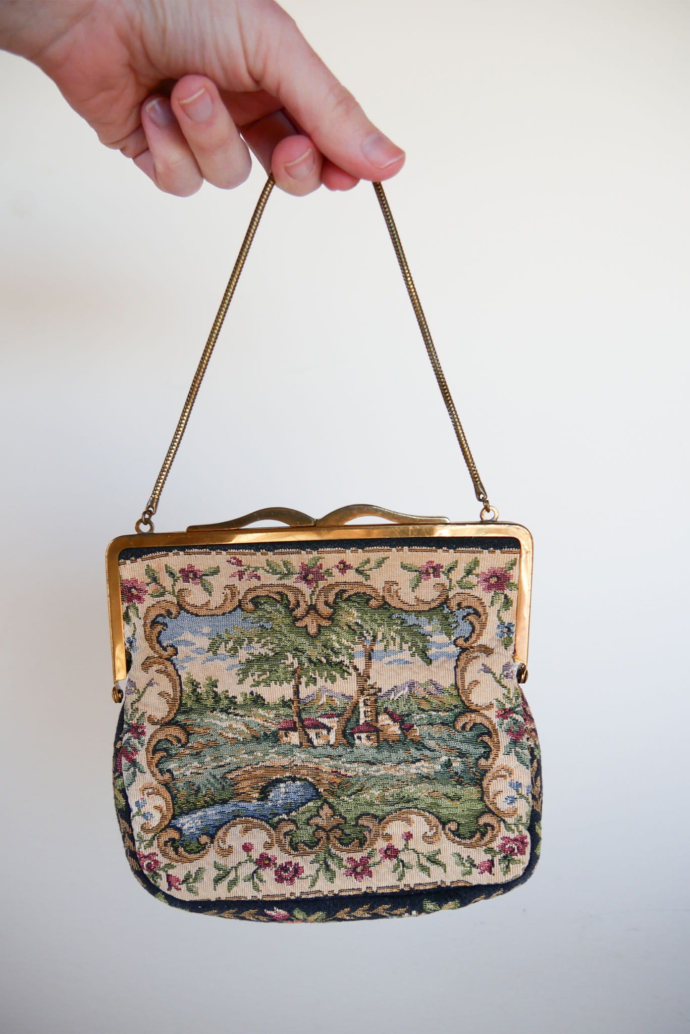 Scenic Cottage House and Bridge Tapestry Purse Handbag, Vintage Handbag, Vintage Tapestry Handbag, Tapestry Clutch, Vintage Decor, Vintage Home Decor