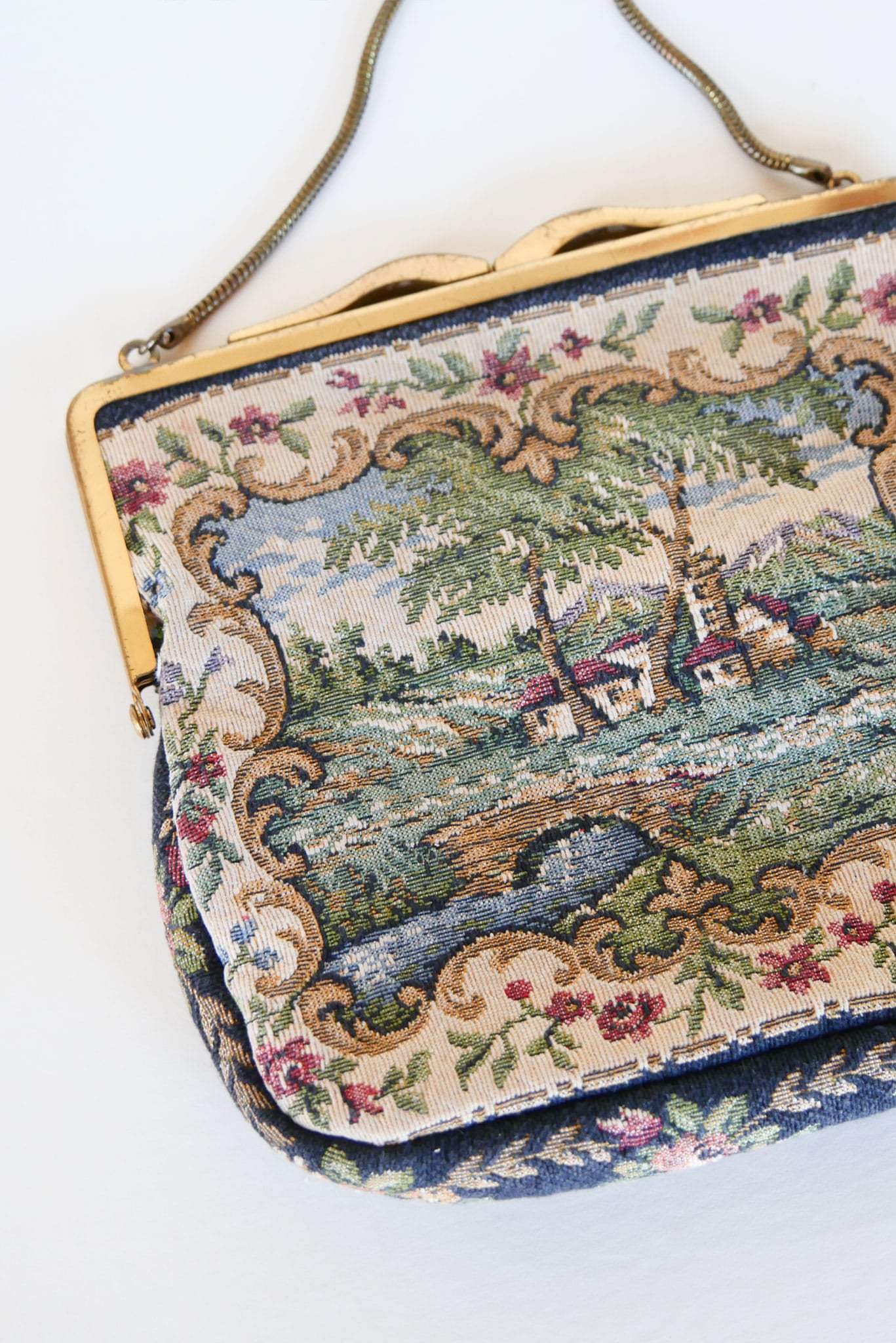 Scenic Cottage House and Bridge Tapestry Purse Handbag, Vintage Handbag, Vintage Tapestry Handbag, Tapestry Clutch, Vintage Decor, Vintage Home Decor