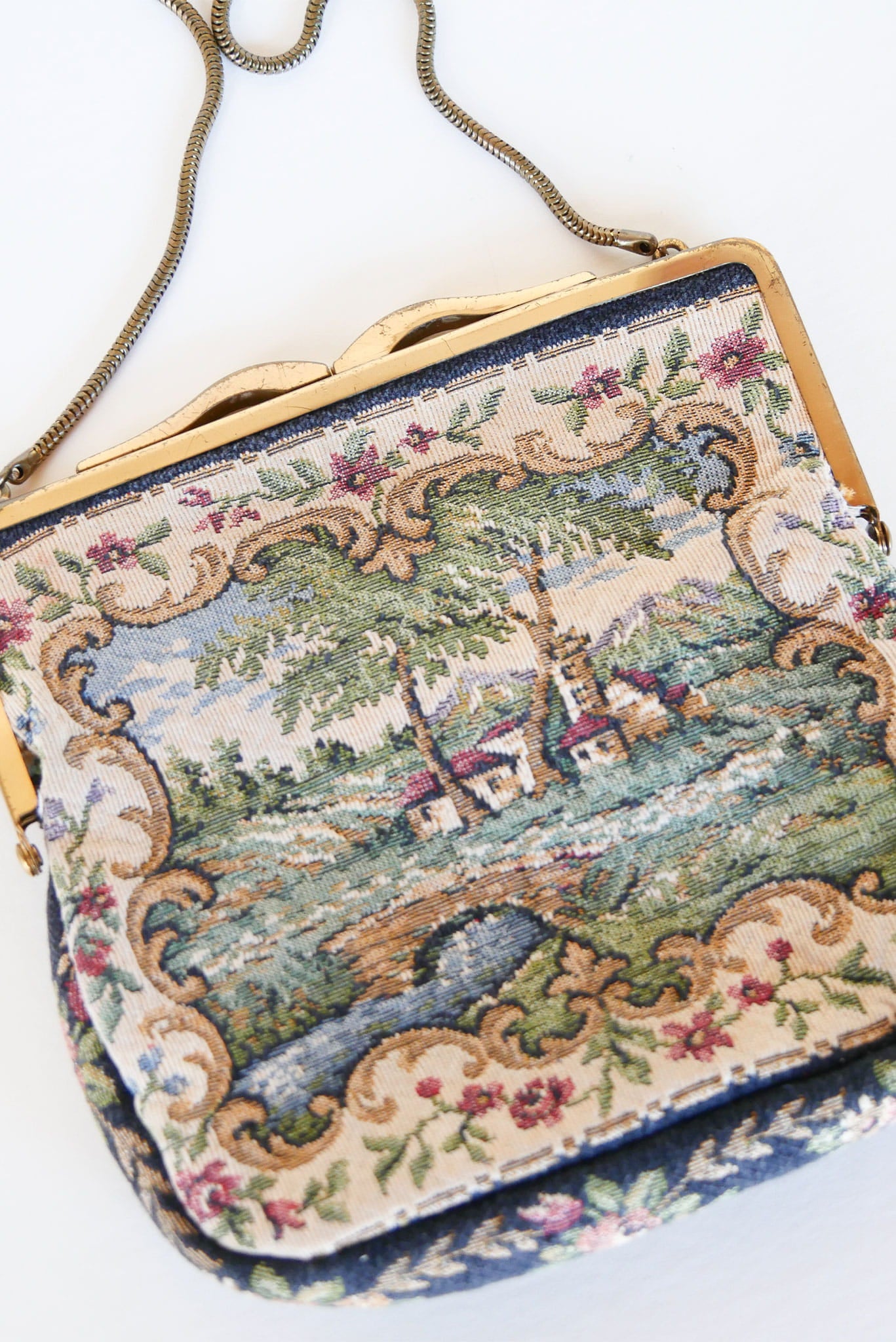 Scenic Cottage House and Bridge Tapestry Purse Handbag, Vintage Handbag, Vintage Tapestry Handbag, Tapestry Clutch, Vintage Decor, Vintage Home Decor