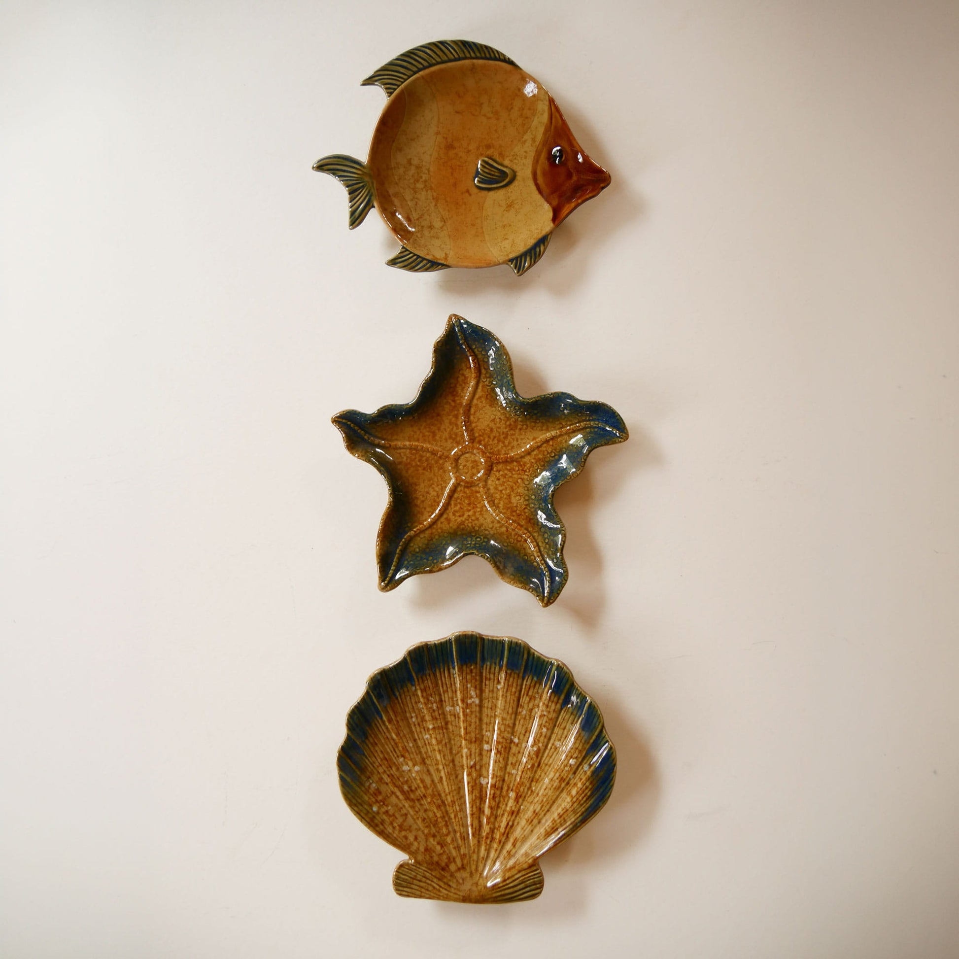 Set of 3 Vintage Coastal Ceramic Wall Plaques – Fish, Starfish & Seashell, Earthy Nautical Decor, Earthy Coastal Decor, Vintage Ceramic Fish Decor, Vintage Fish Plate, Vintage Fish and Shell Plates, Vintage Coastal Plate Wall, Vintage Nautical Plate Wall