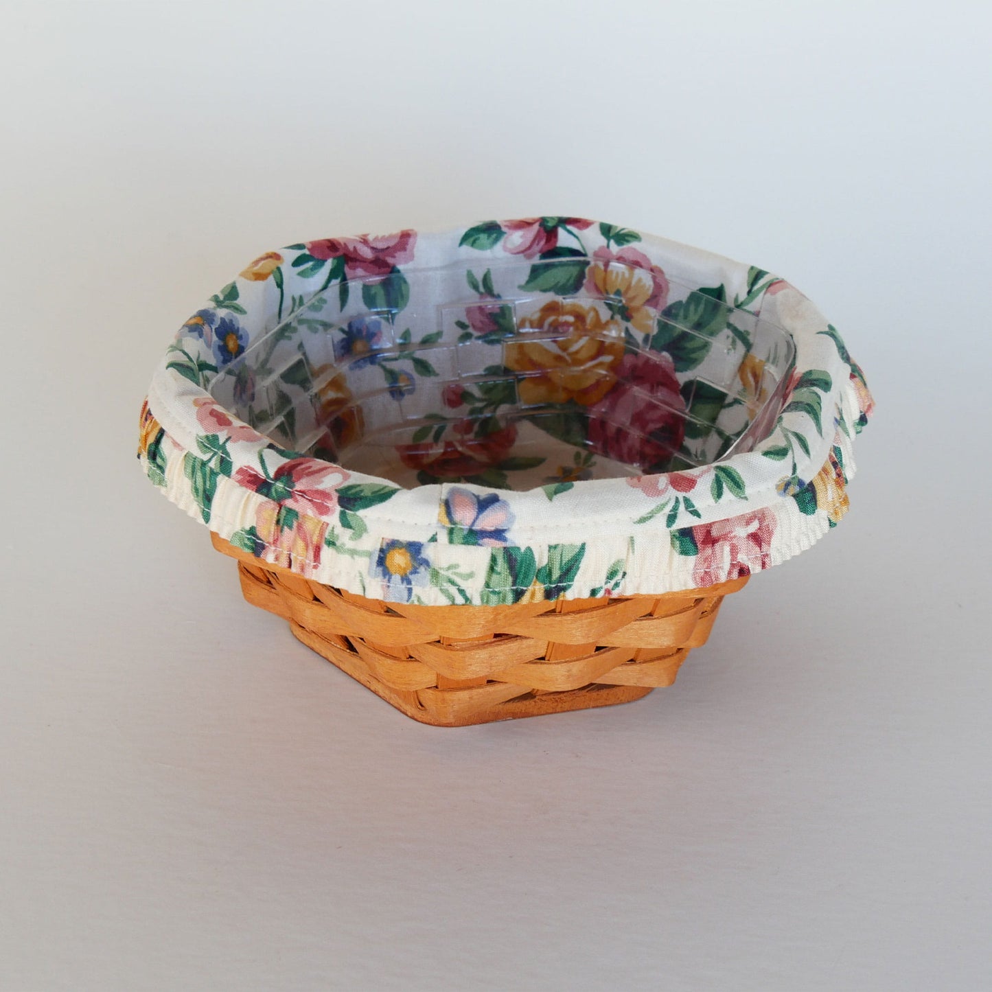 Longaberger Floral Lined Hexagon Basket, Vintage Longaberger Floral Lined Basket, Vintage Longaberger Hexagon Basket, Vintage Longaberger Fabric Lined Basket