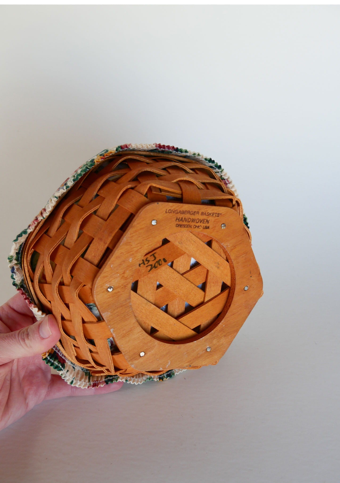Longaberger Floral Lined Hexagon Basket, Vintage Longaberger Floral Lined Basket, Vintage Longaberger Hexagon Basket, Vintage Longaberger Fabric Lined Basket