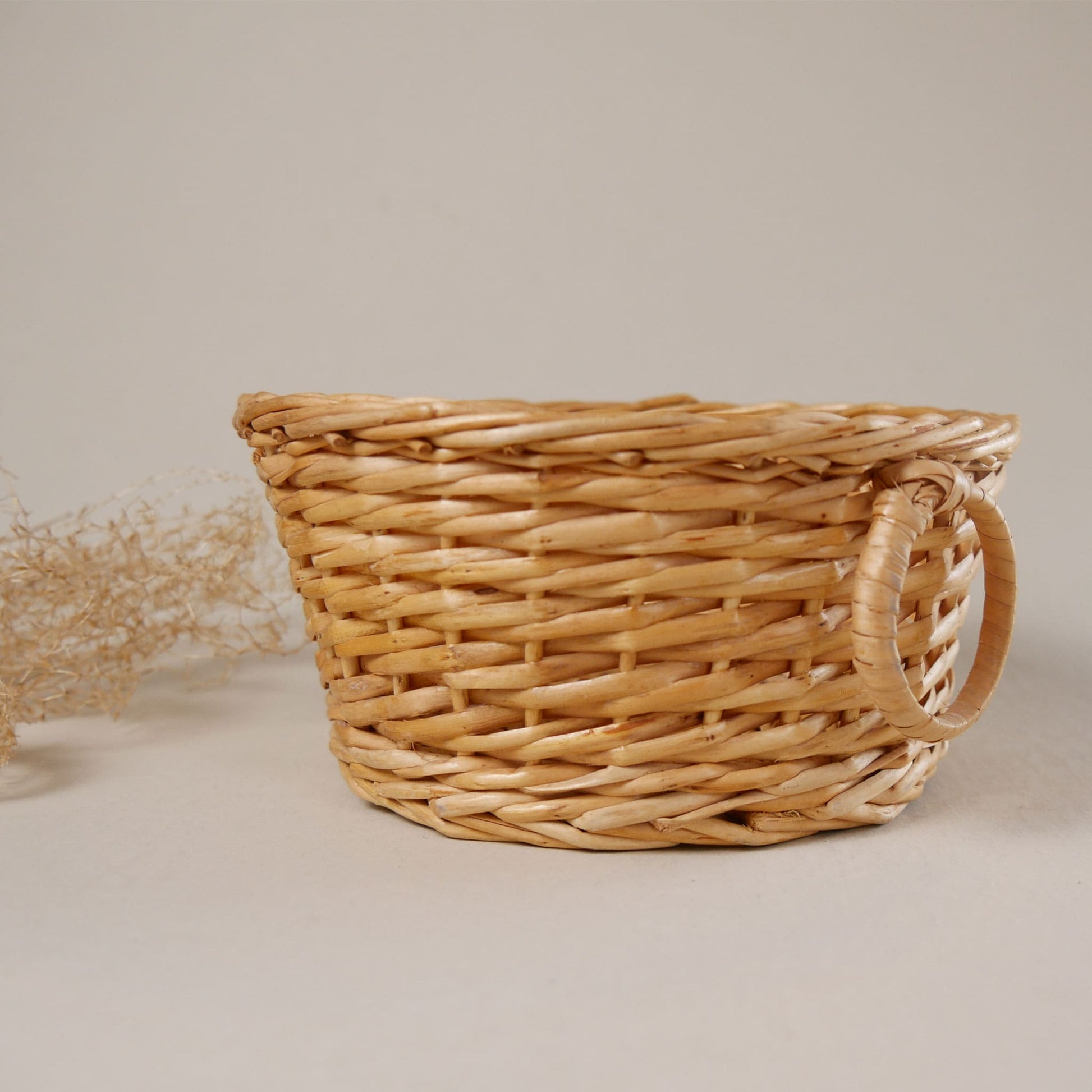 Small Round Light Wicker Basket with Handles Vintage Basket Decor