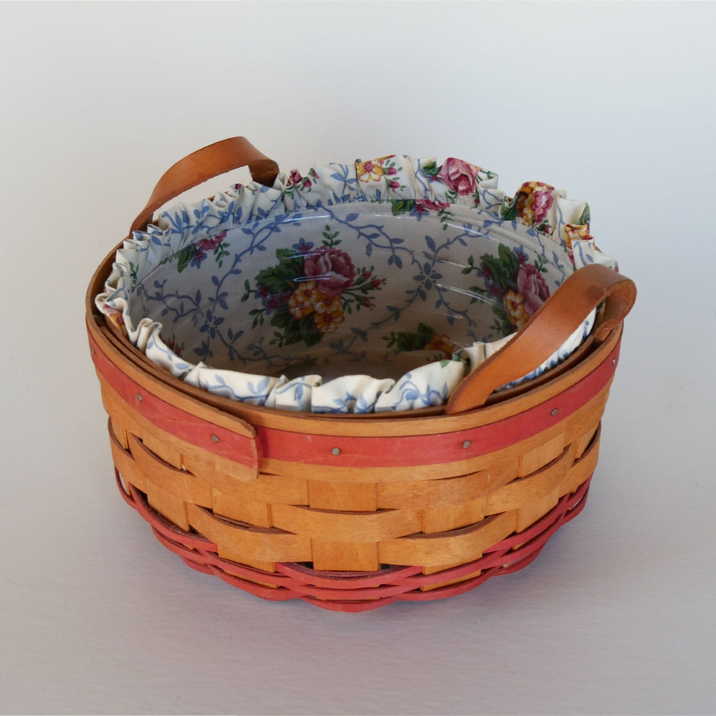 8.5in Longaberger Mother's Day Basket, Floral Liner, Vintage Longaberger Basket with Fabric Liner, Vintage longaberger Mothers Day Basket, Vintage Round Basket, Vintage Round Longaberger Basket, Vintage Wicker Decor