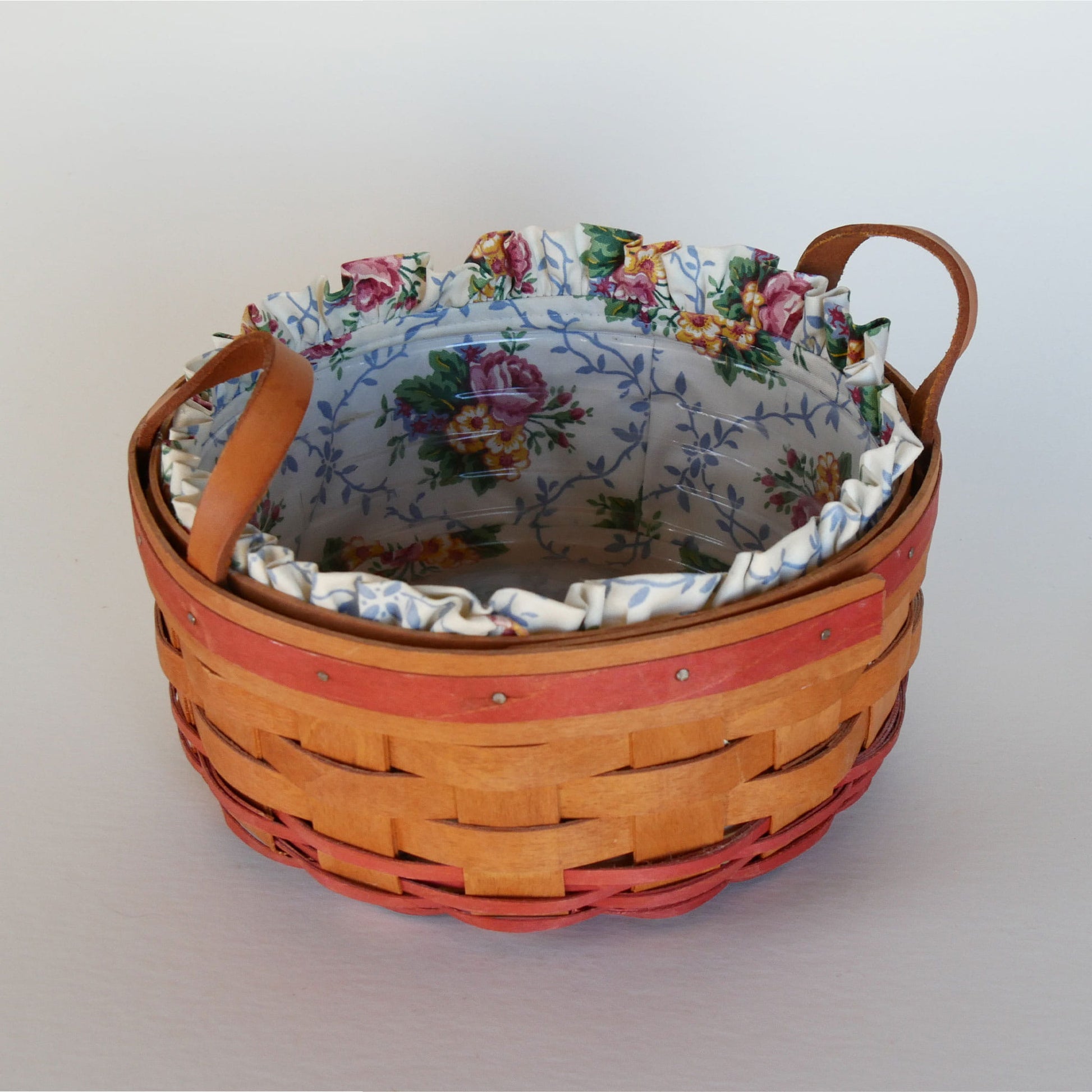 8.5in Longaberger Mother's Day Basket, Floral Liner, Vintage Longaberger Basket with Fabric Liner, Vintage longaberger Mothers Day Basket, Vintage Round Basket, Vintage Round Longaberger Basket, Vintage Wicker Decor