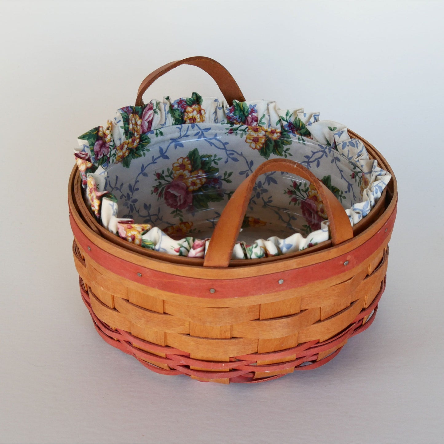 8.5in Longaberger Mother's Day Basket, Floral Liner, Vintage Longaberger Basket with Fabric Liner, Vintage longaberger Mothers Day Basket, Vintage Round Basket, Vintage Round Longaberger Basket, Vintage Wicker Decor