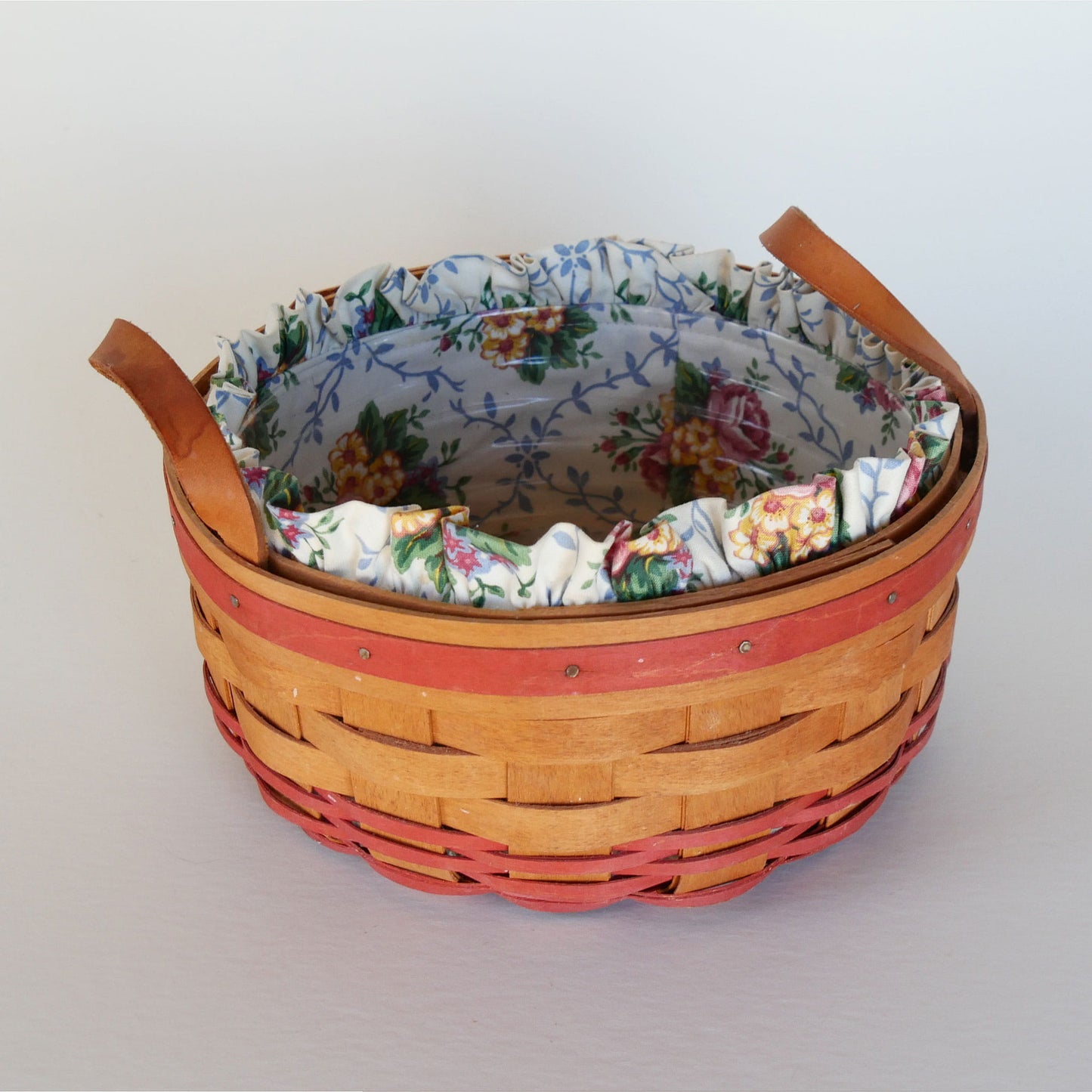 8.5in Longaberger Mother's Day Basket, Floral Liner, Vintage Longaberger Basket with Fabric Liner, Vintage longaberger Mothers Day Basket, Vintage Round Basket, Vintage Round Longaberger Basket, Vintage Wicker Decor