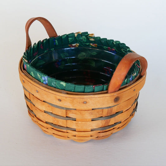 6.5in Longaberger Round Basket, Green Floral Liner, Vintage Longaberger Basket and Lid, Vintage Wicker Longaberger Basket, Vintage Longaberger Basket with Liner, Longaberger Basket with Fabric Liner, Vintage Home Decor