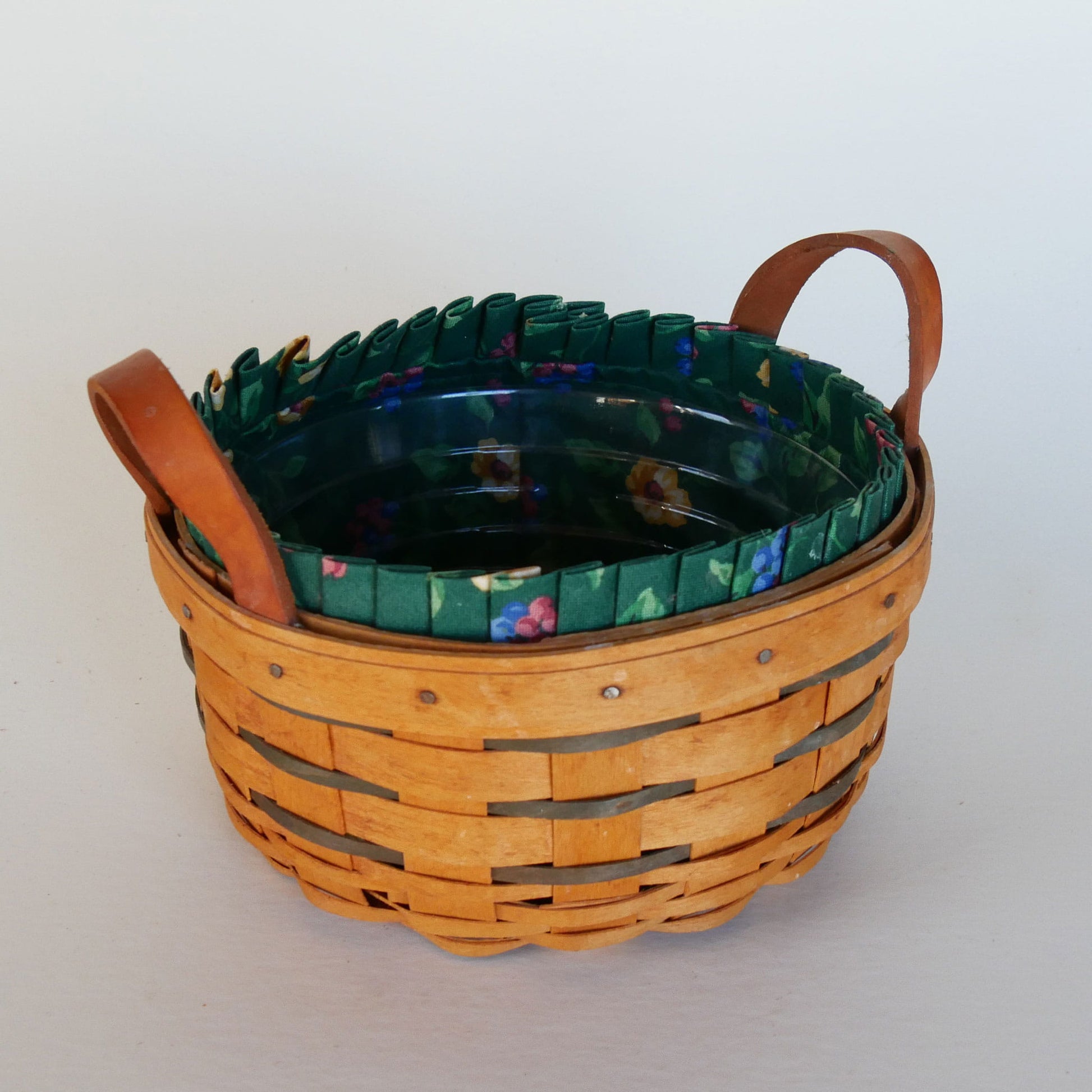 6.5in Longaberger Round Basket, Green Floral Liner, Vintage Longaberger Basket and Lid, Vintage Wicker Longaberger Basket, Vintage Longaberger Basket with Liner, Longaberger Basket with Fabric Liner, Vintage Home Decor