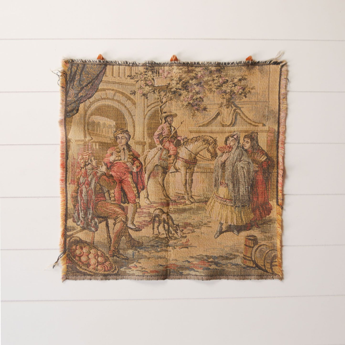 18in Victorian Tapestry Wall Hanging with Ribbon Hooks, Vintage Wall Tapestry Small Wall Tapestry Spanish Wall Tapestry