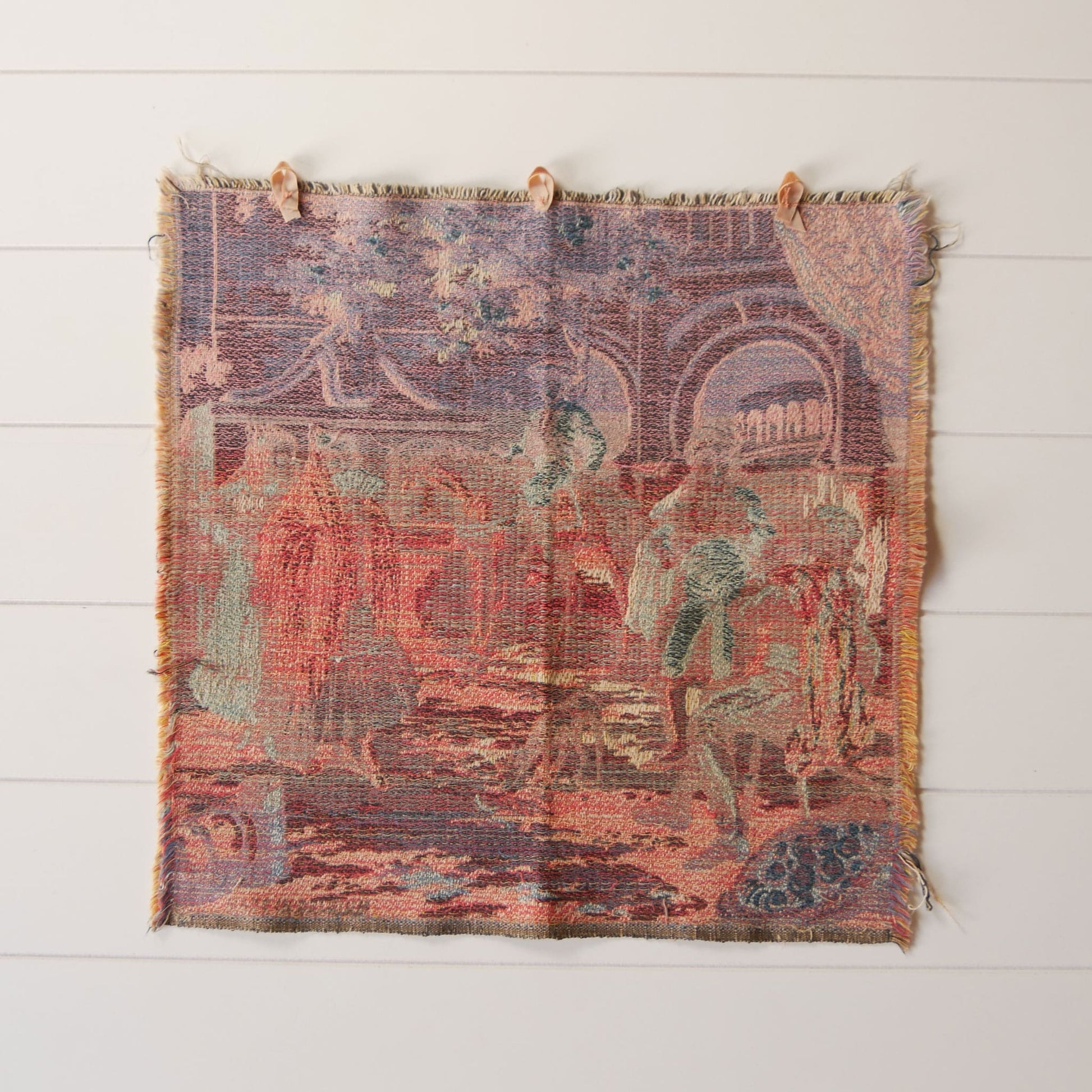 18in Victorian Tapestry Wall Hanging with Ribbon Hooks, Vintage Wall Tapestry Small Wall Tapestry Spanish Wall Tapestry