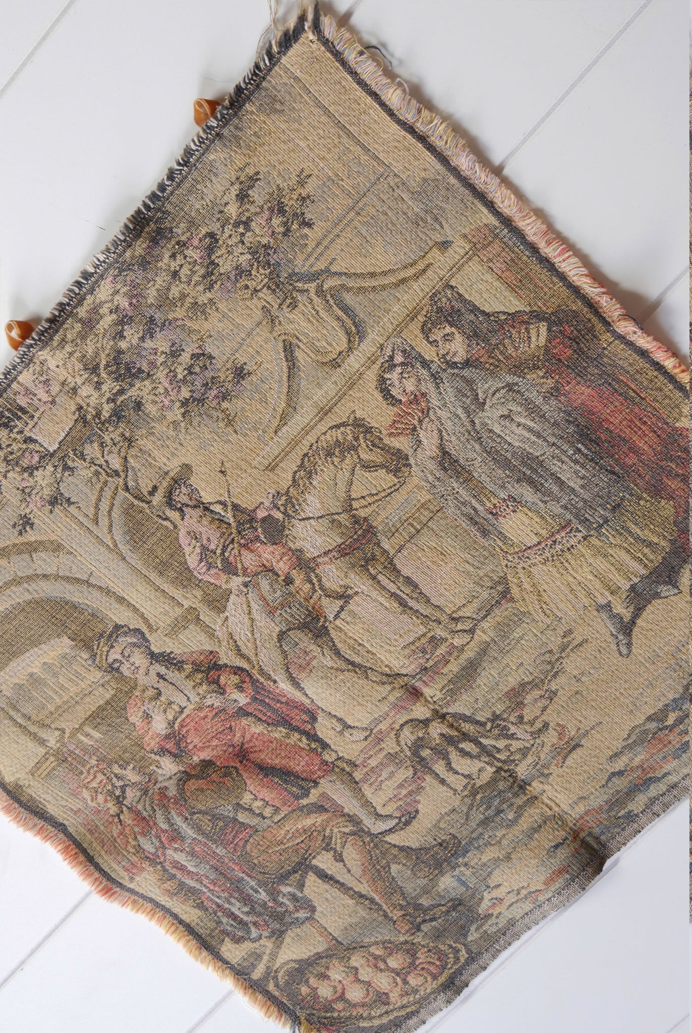 18in Victorian Tapestry Wall Hanging with Ribbon Hooks, Vintage Wall Tapestry Small Wall Tapestry Spanish Wall Tapestry
