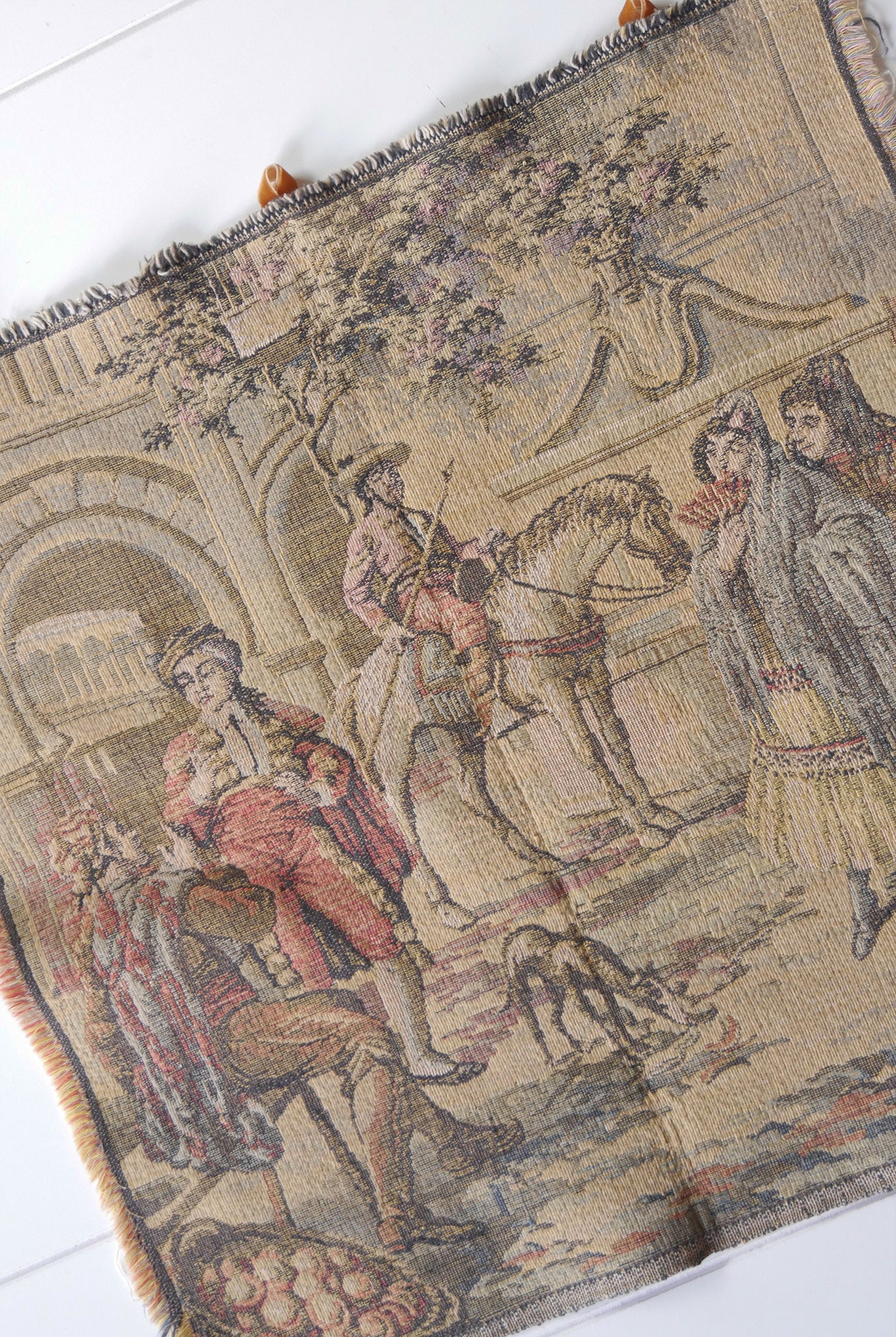 18in Victorian Tapestry Wall Hanging with Ribbon Hooks, Vintage Wall Tapestry Small Wall Tapestry Spanish Wall Tapestry