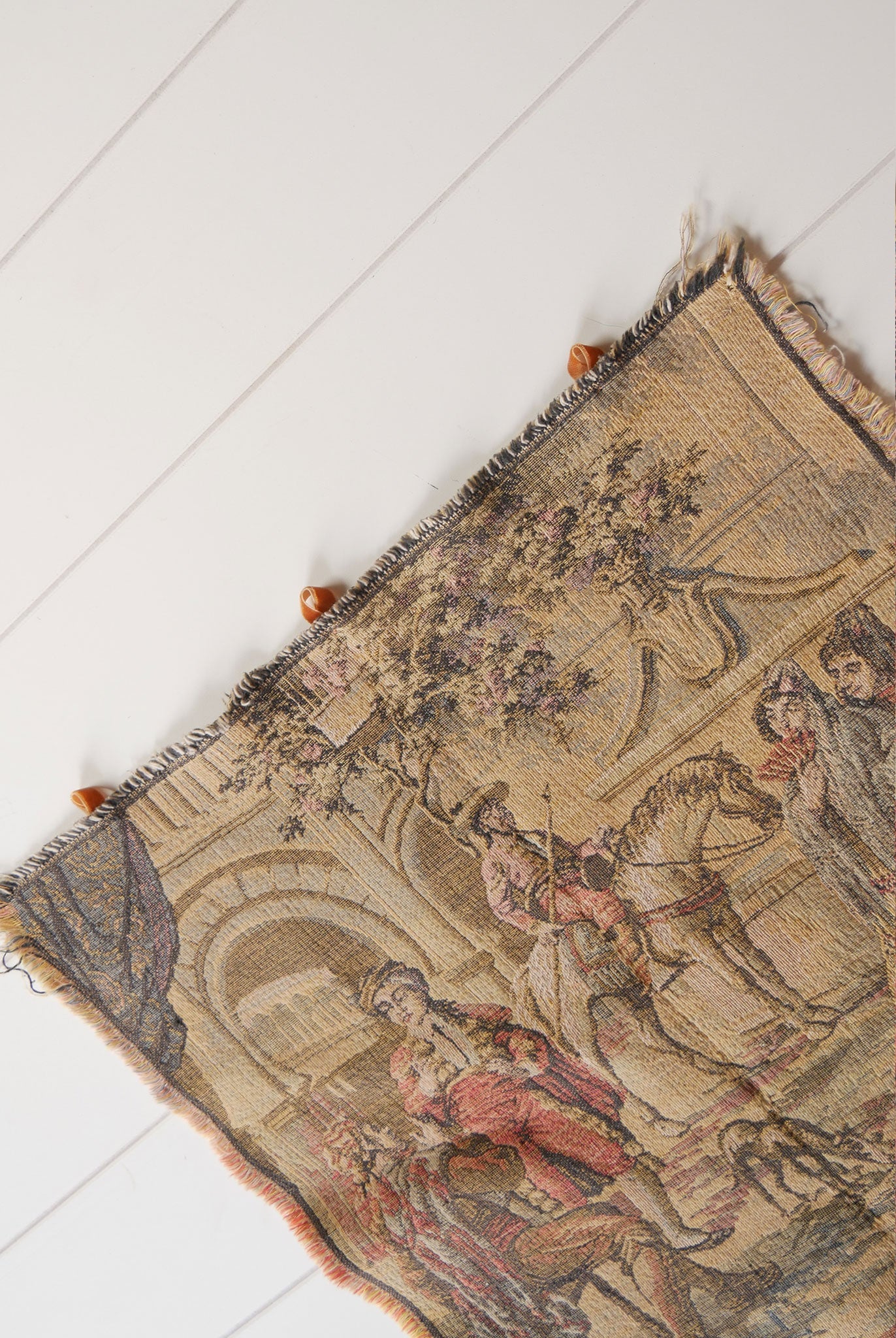 18in Victorian Tapestry Wall Hanging with Ribbon Hooks, Vintage Wall Tapestry Small Wall Tapestry Spanish Wall Tapestry