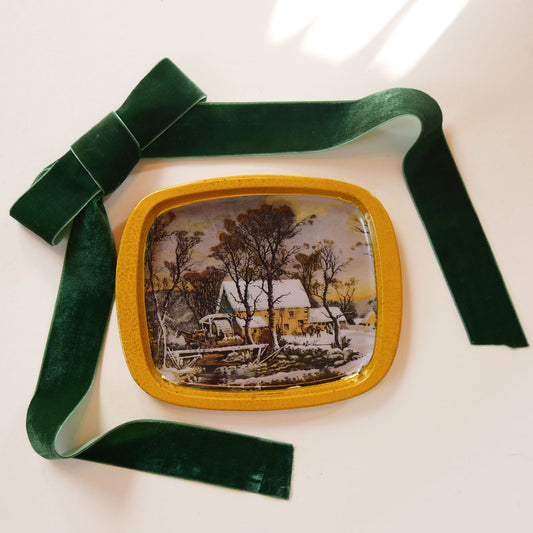 Small Vintage Yellow Metal Tray, Yellow Farmhouse Scene