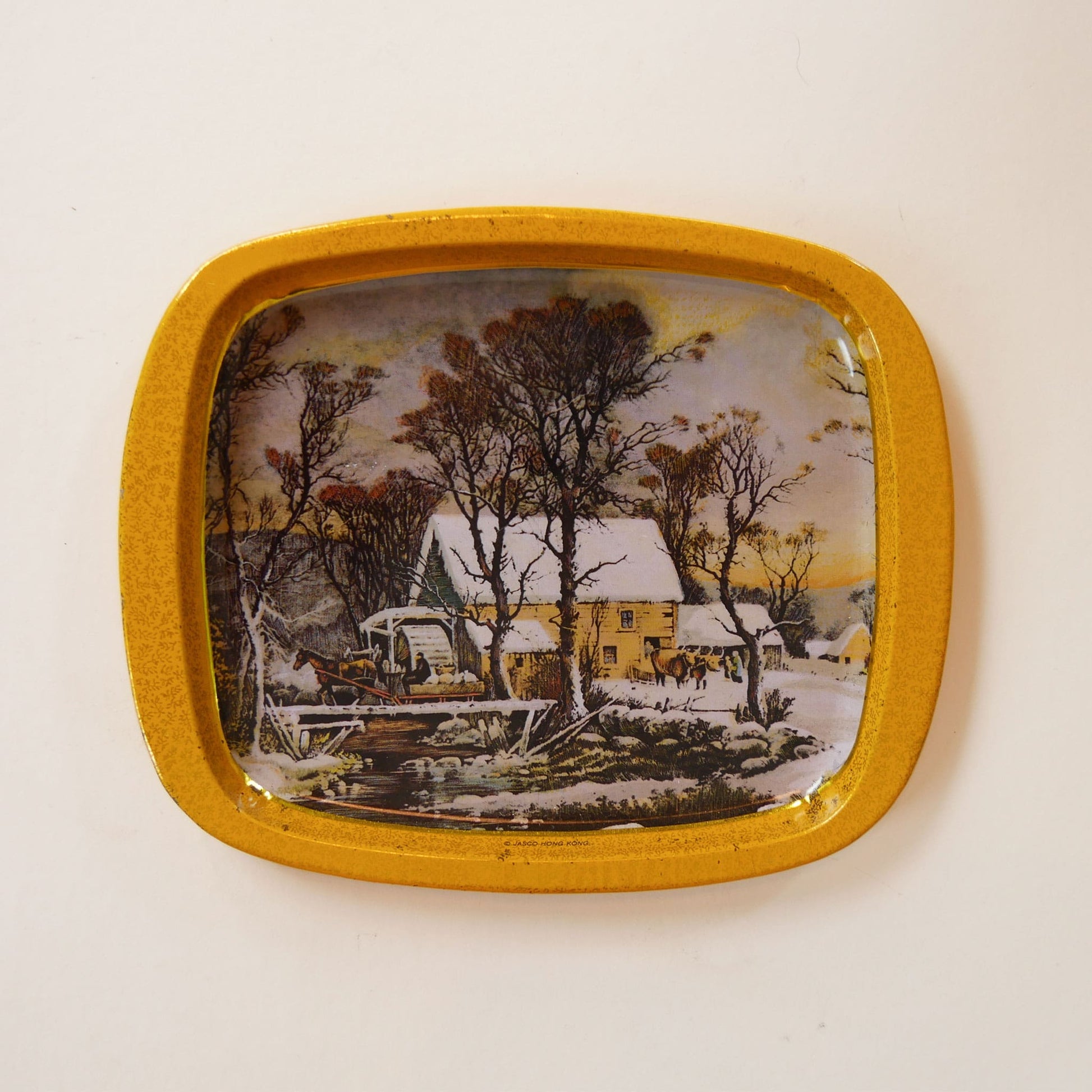Small Vintage Yellow Metal Tray, Yellow Farmhouse Scene, Vintage Farmhouse DEcor, Vintage Farmhouse Trays