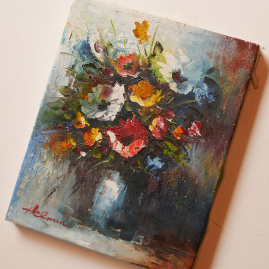 Vintage Florals in Vase Textured Oil Painting, 8.5in x 10in, Small Vintage Floral Oil Painting