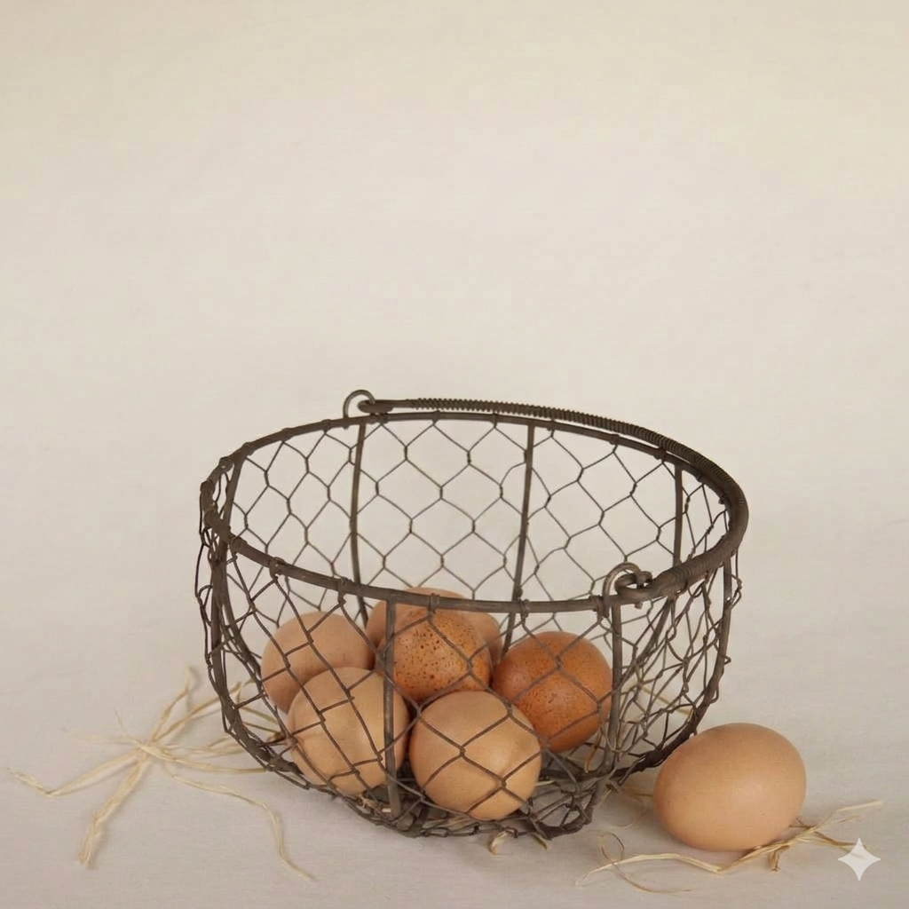 Small Round Metal Egg Basket with Handle, Farmhouse Decor, Vintage Wire Basket, Vintage Egg Basket, Vintage Egg Gathering Basket, VIntage Chicken Wire Basket with Handle, Farmhouse Wire Basket