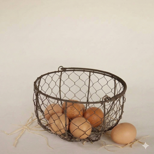 Small Round Metal Egg Basket with Handle, Farmhouse Decor, Vintage Wire Basket, Vintage Egg Basket, Vintage Egg Gathering Basket, VIntage Chicken Wire Basket with Handle, Farmhouse Wire Basket